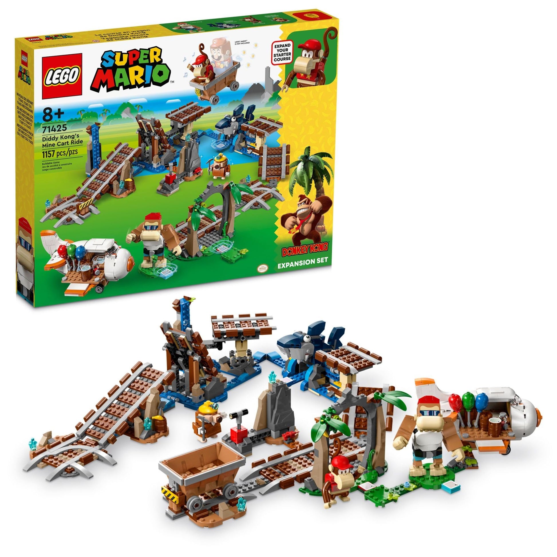 LEGO Super Mario Diddy Kong's Mine Cart Ride Expansion Set 71425, Collectible Building Toy with Brick Built Funky Kong Figure, Super Mario Gift Set