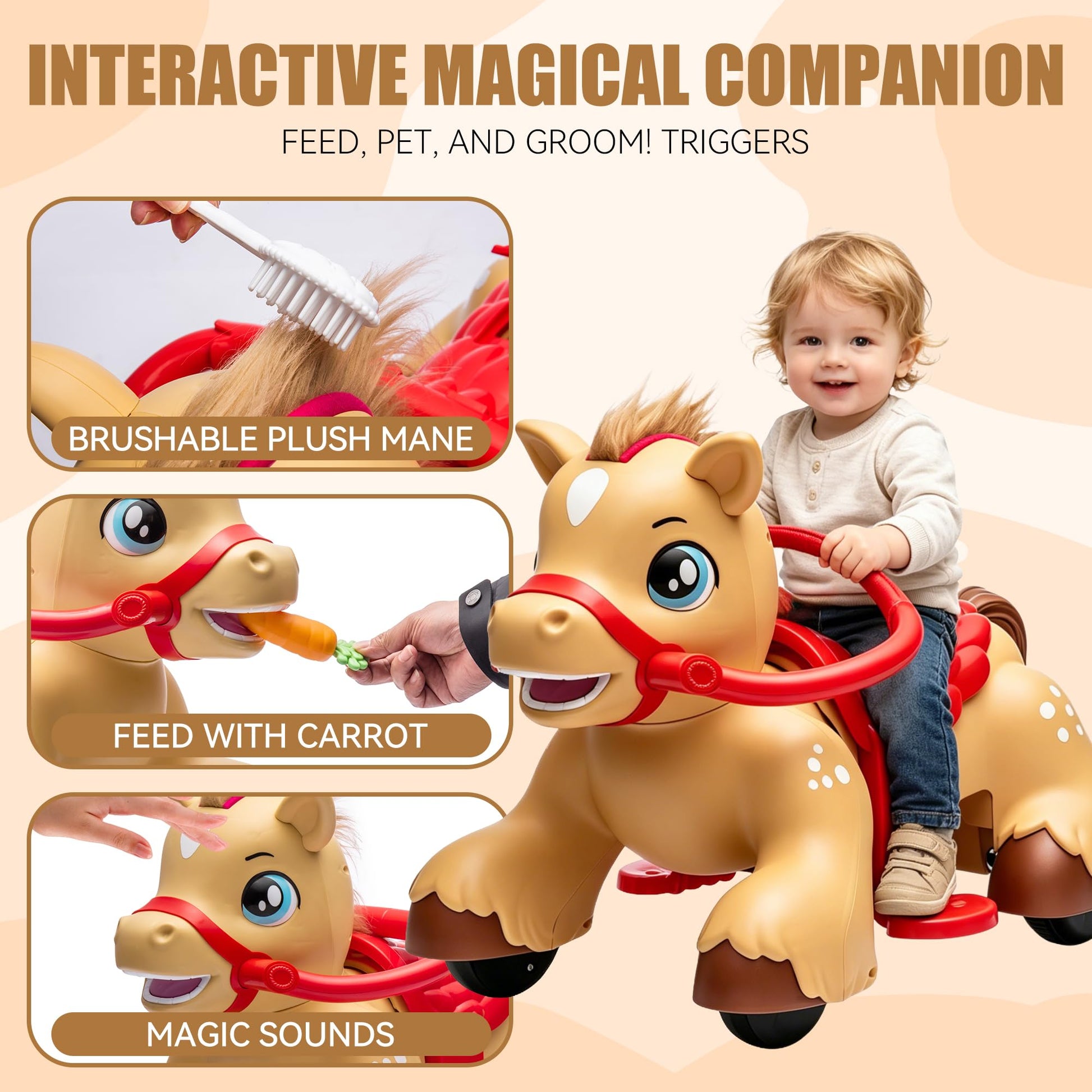 NEWDOOD 12V Ride on Toy for Toddlers, Battery Powered Electric Riding Horse w/Glowing Horn & Magic Sounds, Carrot Toy, Comb, Plush Mane, Ride on Horse