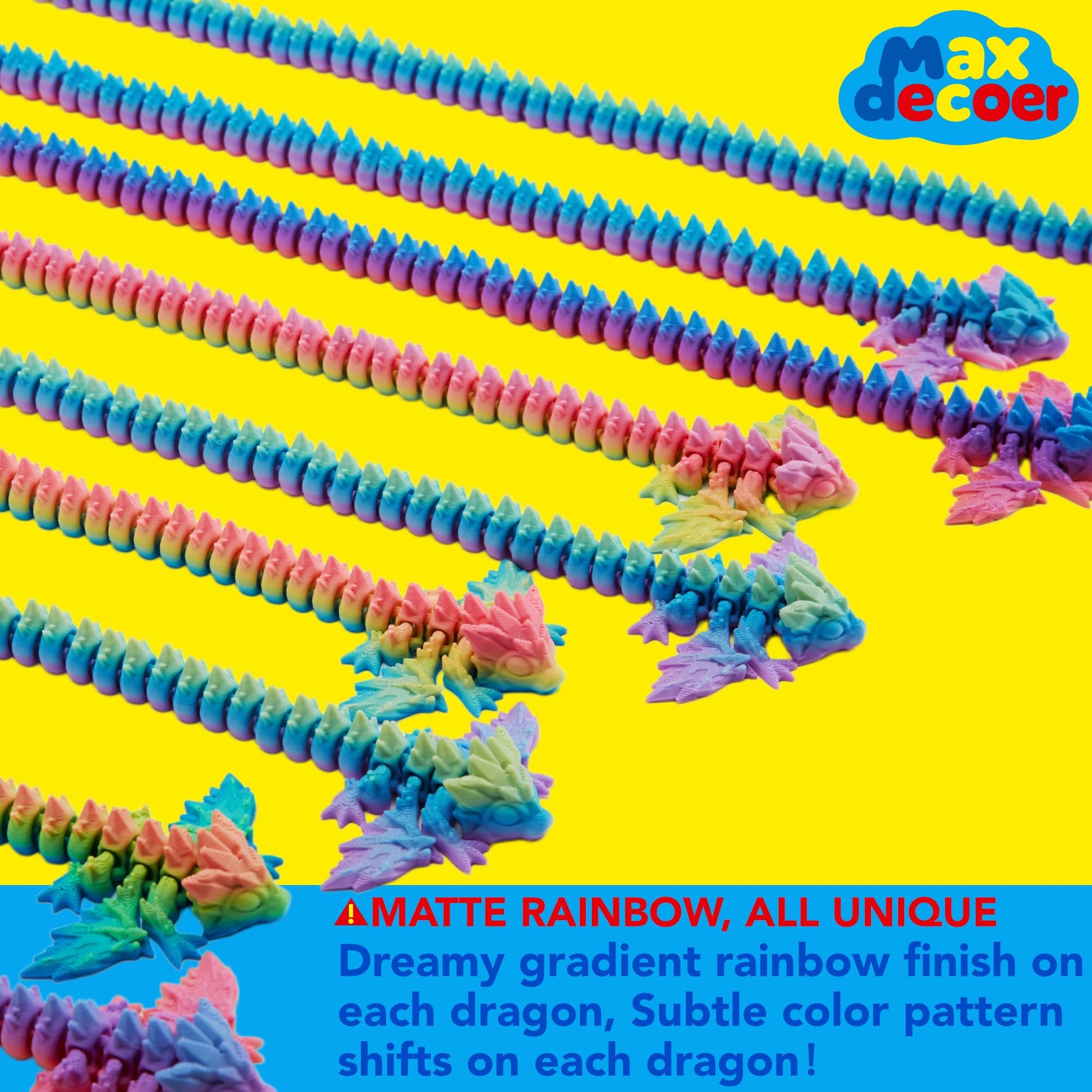 Maxdecoer 63" Matte Rainbow Articulated Dragon Toy, Extra Long Flexible 3D Printed Fidget Dragon Figure, Fantasy Toy Gift