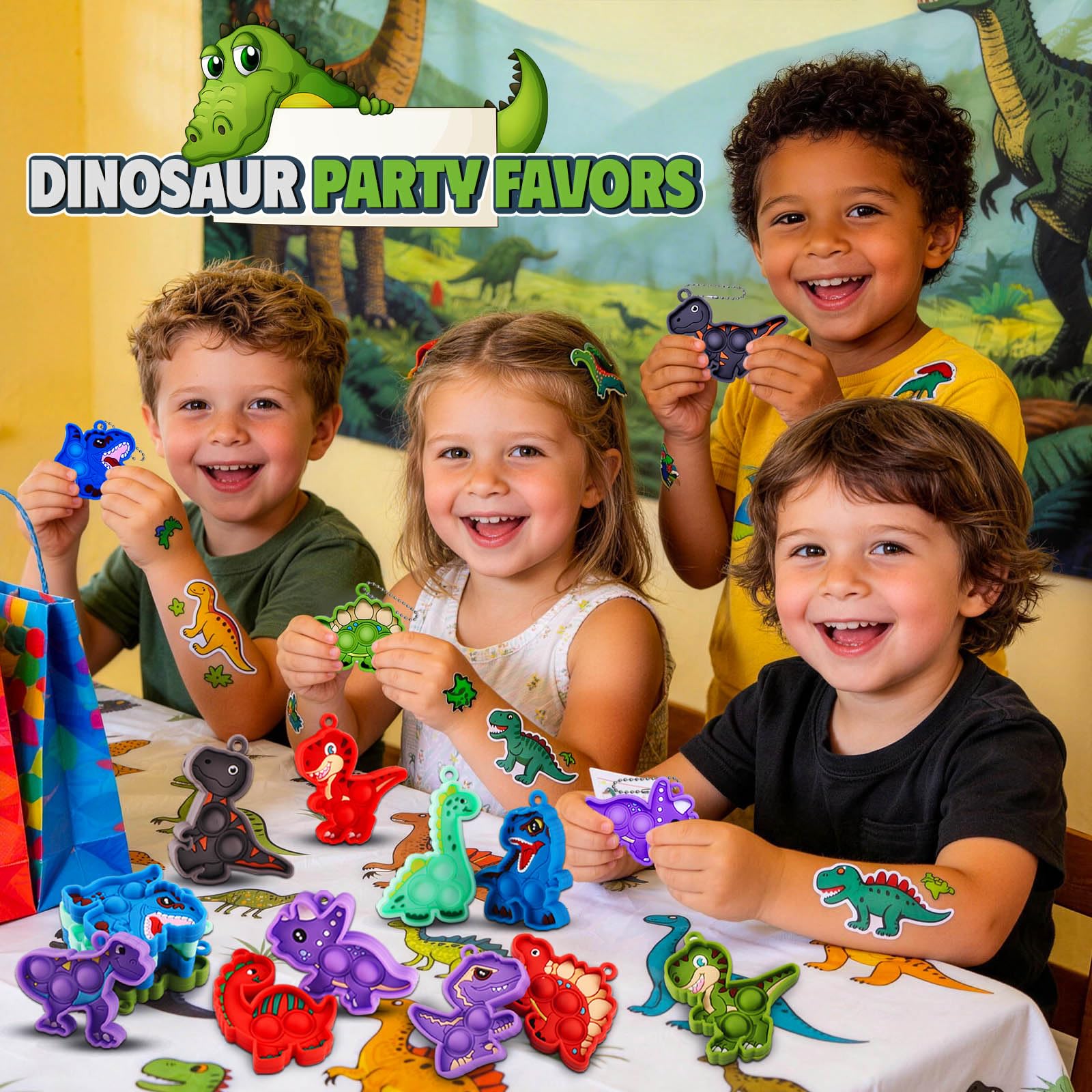 Kiss Monkey 24 Pack Dinosaur Party Favors for Kids, 12 Styles Dinosaur Silicone Fidget Keychains Bulk, Pop Sensory Fidget Toys, Birthday Goodie Bag