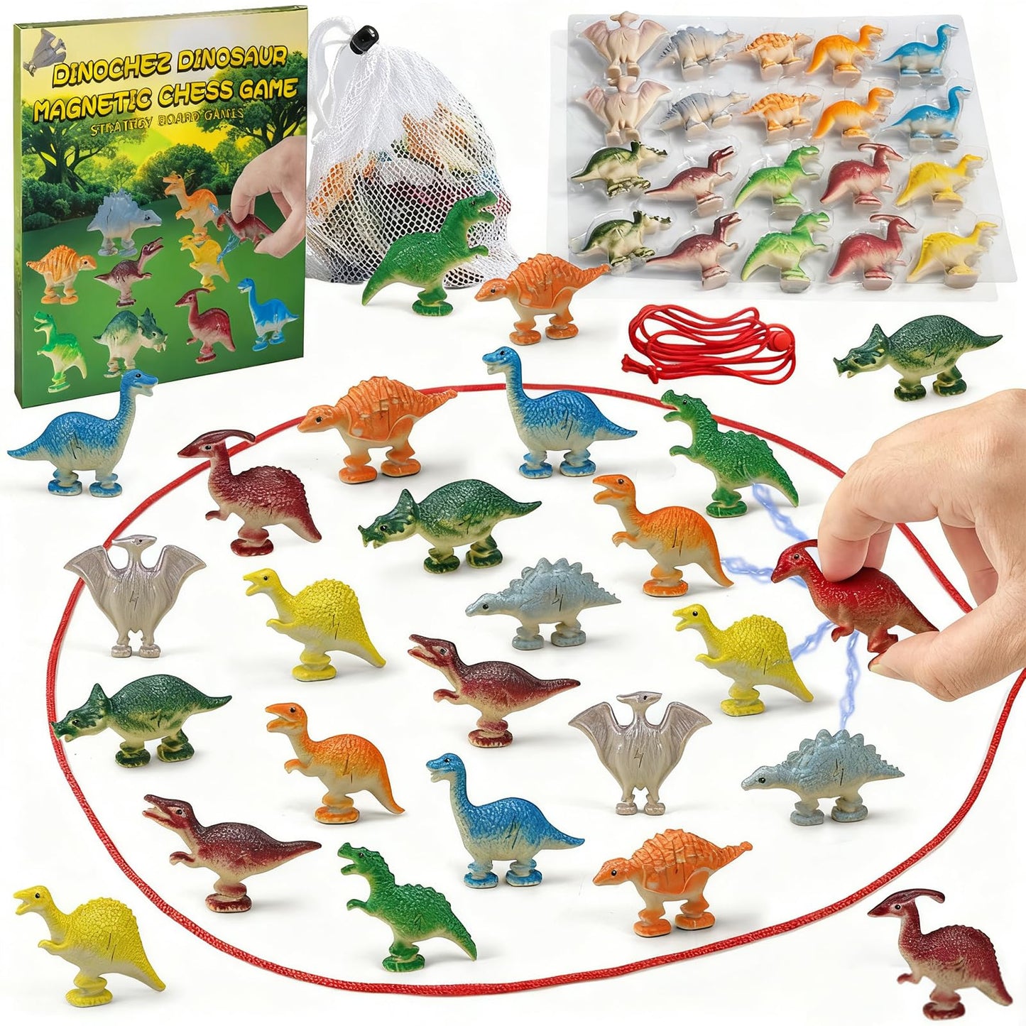Dinochez Dinosaur Chess Game, 20Pcs Easter Dinosaur Toys with Dinosaur Map, String & Storage Bag, Strategy Board Games for Family Games Night, Easter