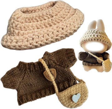 17cm Kawaii Doll Clothes Set for Labubu, 3-Piece Handcrafted Crochet, Compatible with 5.91-6.7inch Dolls, Hand Crocheted Hat, Sweaters, Bag (Knitted