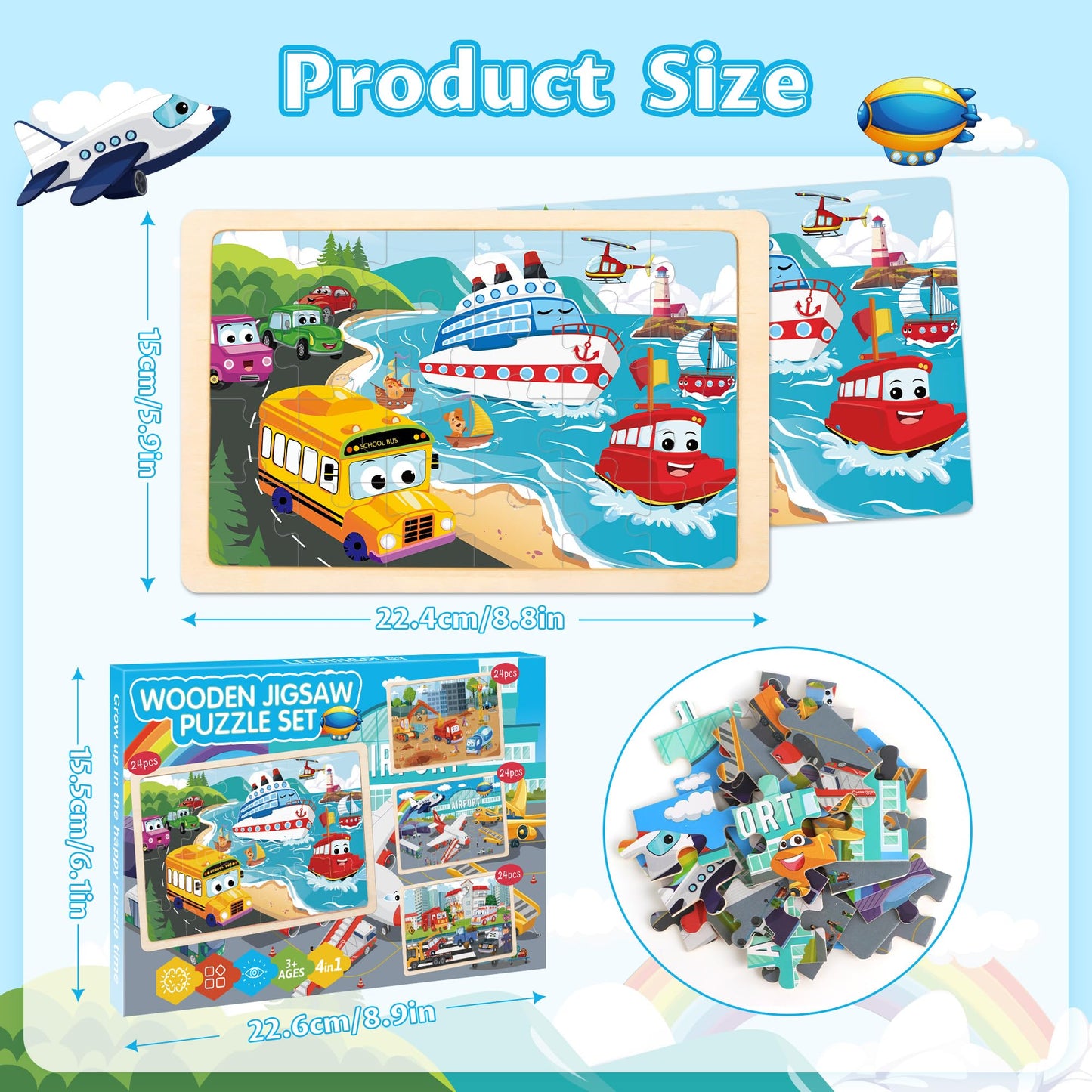 Wooden Puzzles for Kids Ages 3-5, 4 Packs Puzzles for Kids Ages 4-6,Vehicle