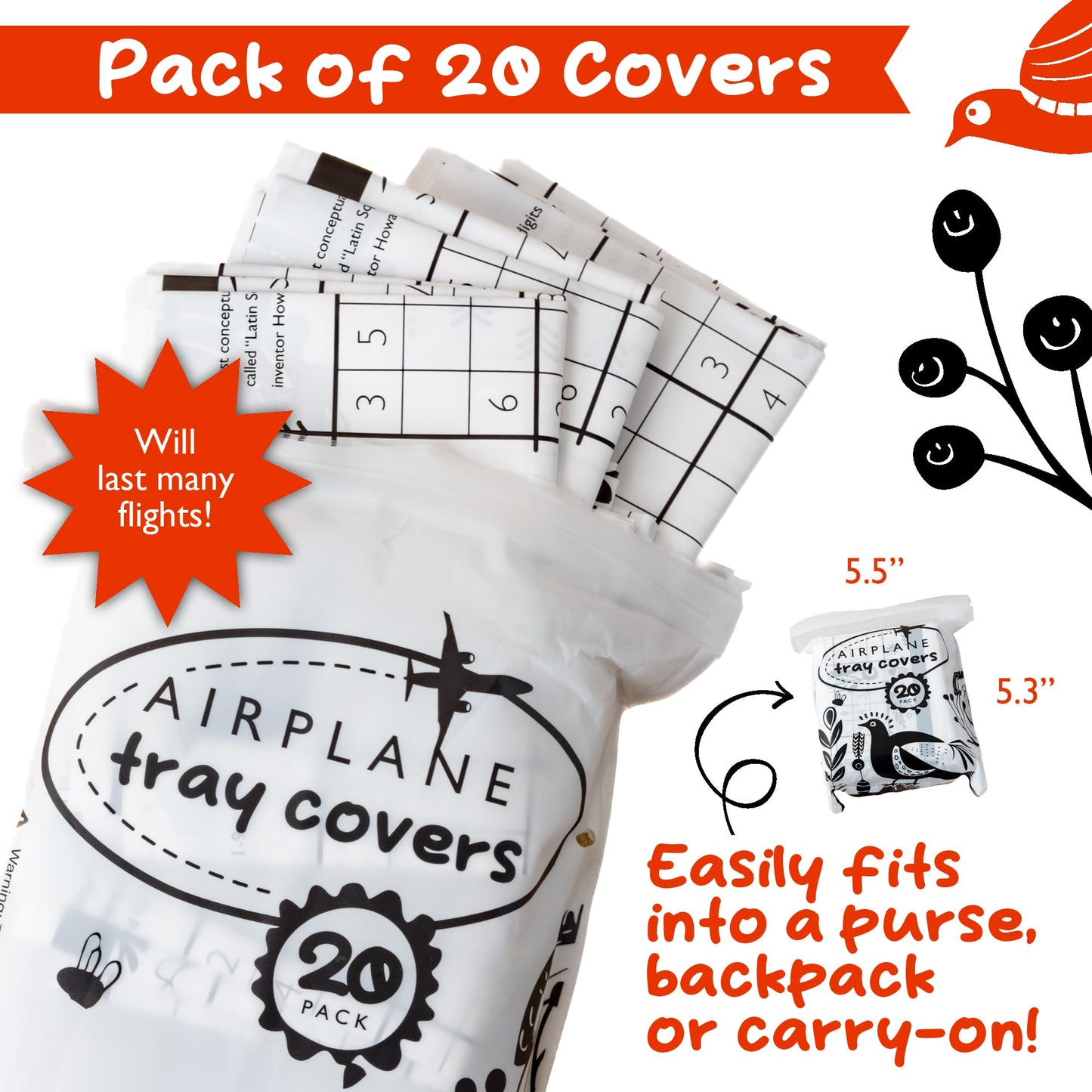 GSM Brands Disposable Airplane Tray Table Cover (Pack of 20) - Double Sided with 12 Games - Opaque White