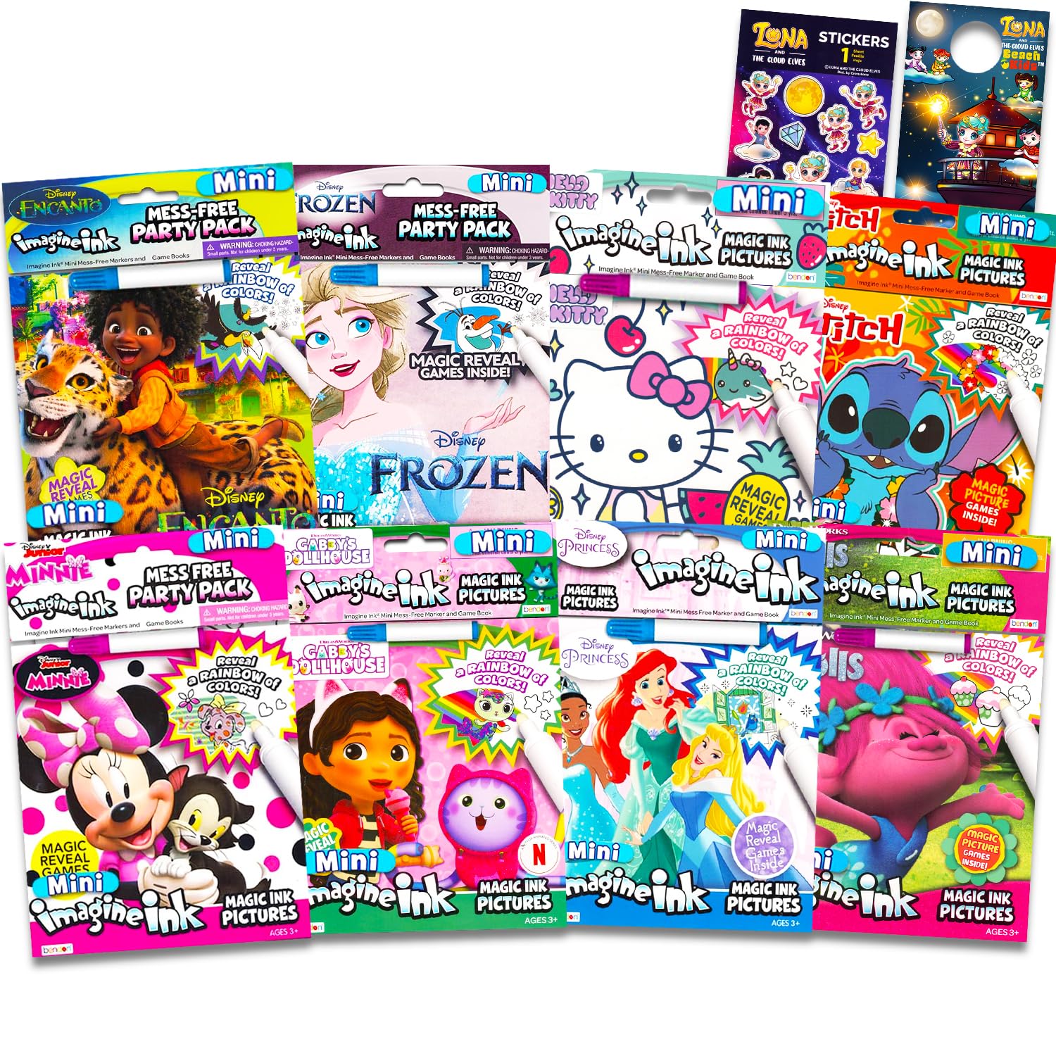 Bulk Imagine Ink Mess Free Coloring Book Set - Bundle with 8 Variety Books: Disney Princess, Frozen, Trolls, More Plus Stickers | Party Supplies