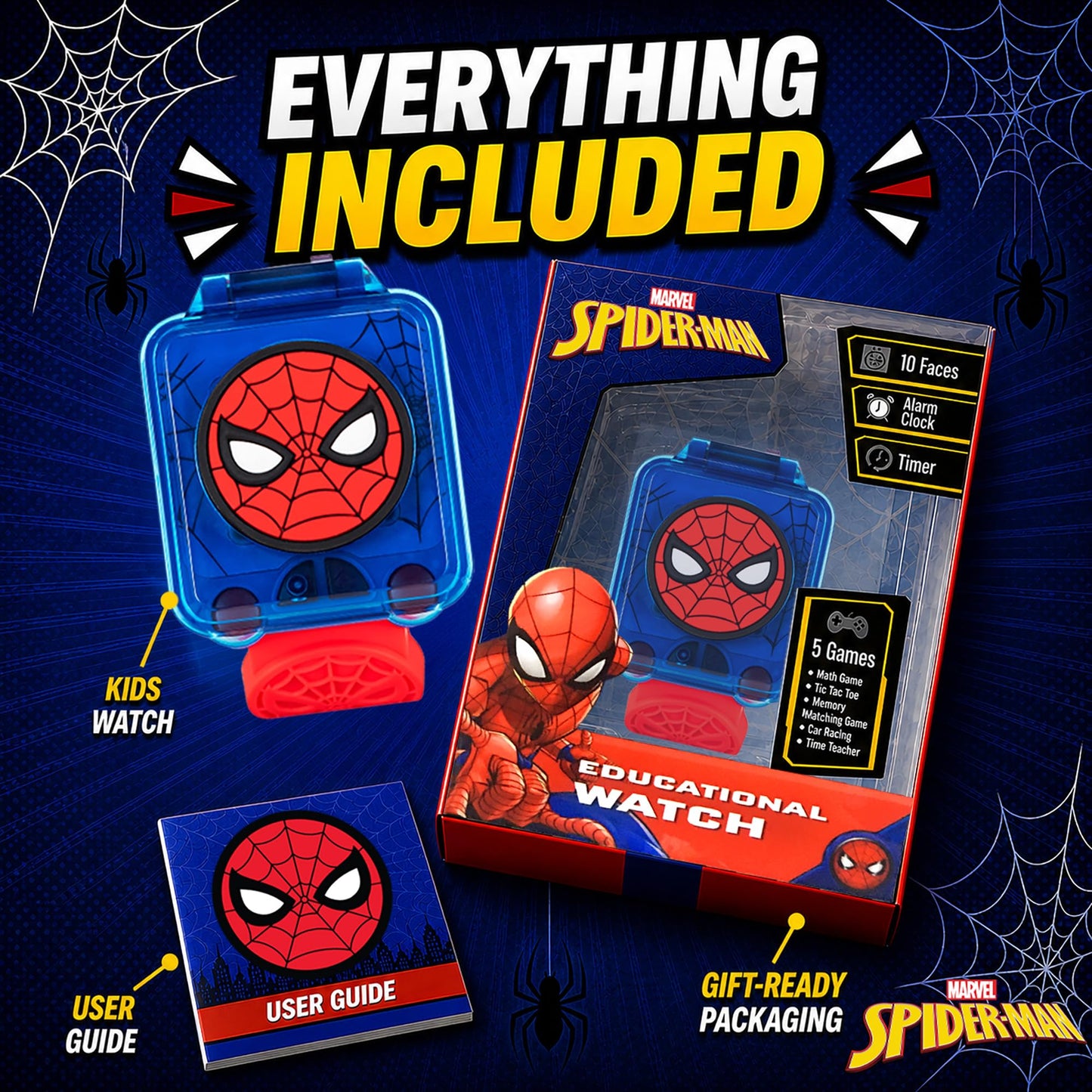 Marvel Spider-Man Educational Learning Digital Blue Watch for Boys by Accutime, Toddlers, Kids with Red Strap - Includes Timer, Stopwatch, Alarm