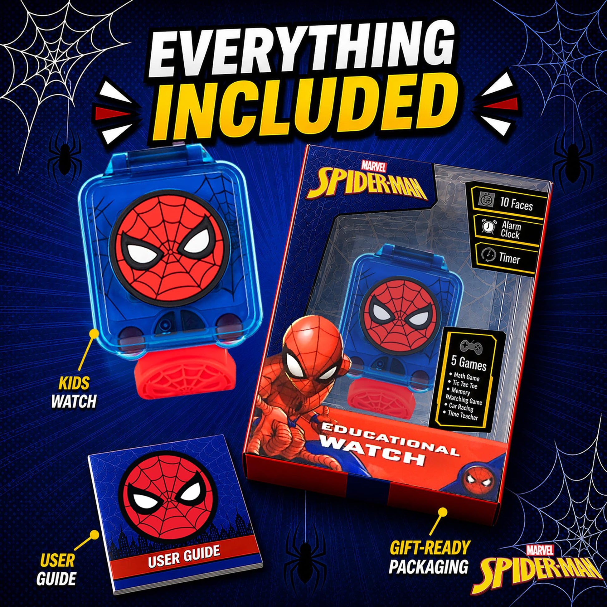 Marvel Spider-Man Educational Learning Digital Blue Watch for Boys by Accutime, Toddlers, Kids with Red Strap - Includes Timer, Stopwatch, Alarm