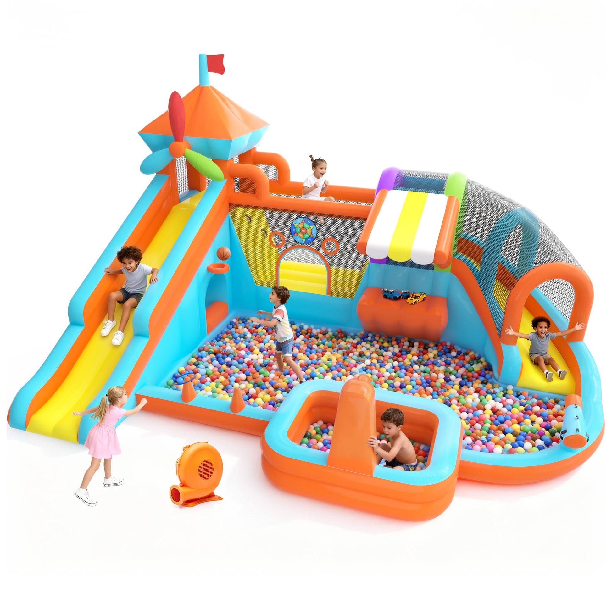 Inflatable Bounce House with Double Slide, 10 in 1 Large Bounce Castle with 750W Blower, Water Slide, Jumping, Splash Pool, Climbing Wall, Toy Stand