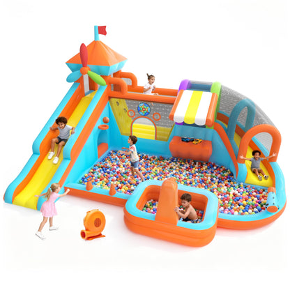 Inflatable Bounce House with Double Slide, 10 in 1 Large Bounce Castle with 750W Blower, Water Slide, Jumping, Splash Pool, Climbing Wall, Toy Stand