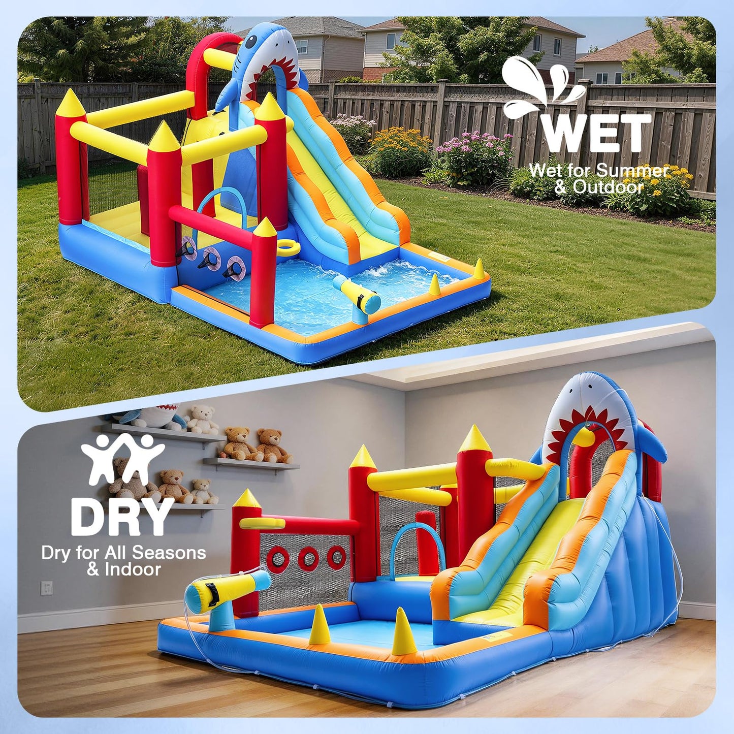 Inflatable Bounce House with Water Slide for Kids, 10 in 1 Bounce House with Air Blower, Inflatable Water Park for Backyard with Slide, Climbing Wall