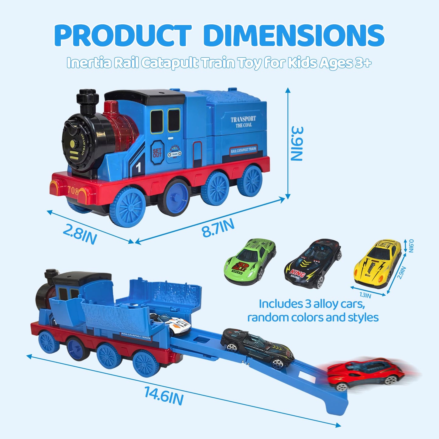 Transforming Engine Train Set for Kids & Toy Car Catapult, Back Folds Out to Secret Garage for Mini Cars, Shoot and Race Fun, Preschool Festival Train