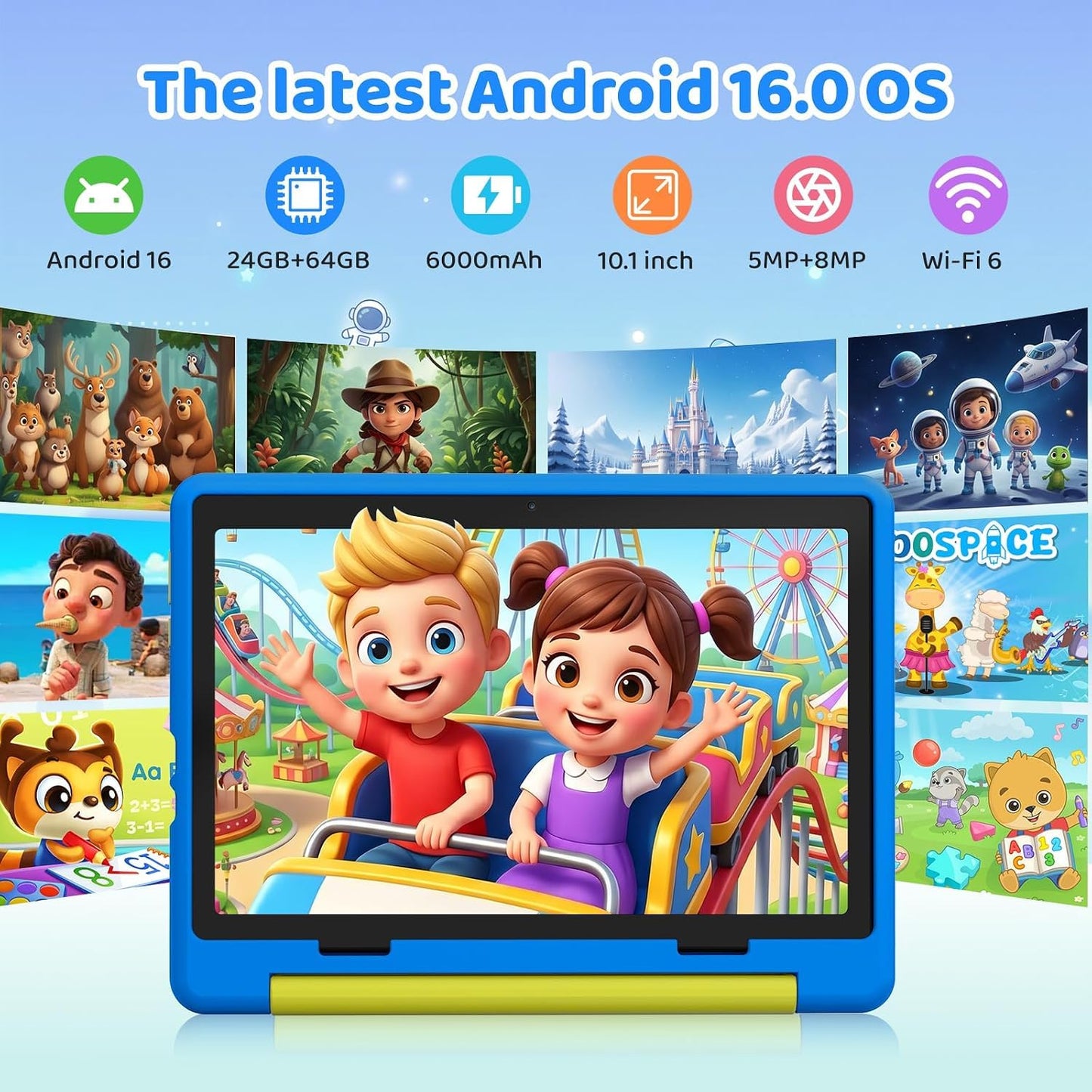 URAO Kids Tablet, Android 16 Tablet for Kids 10 inch with Case, 64GB 1TB TF Card Expandable for Toddler Children, Parental Control, Dual Camera