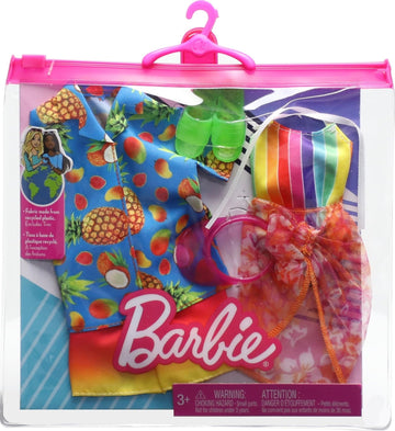 Barbie & Ken Fashions 2-Pack Clothing & Accessories Set, 1 Swimsuit, Sarong & Visor for Barbie Doll & 1 Tropical Shirt, Swimsuit & Shoes for Ken Doll