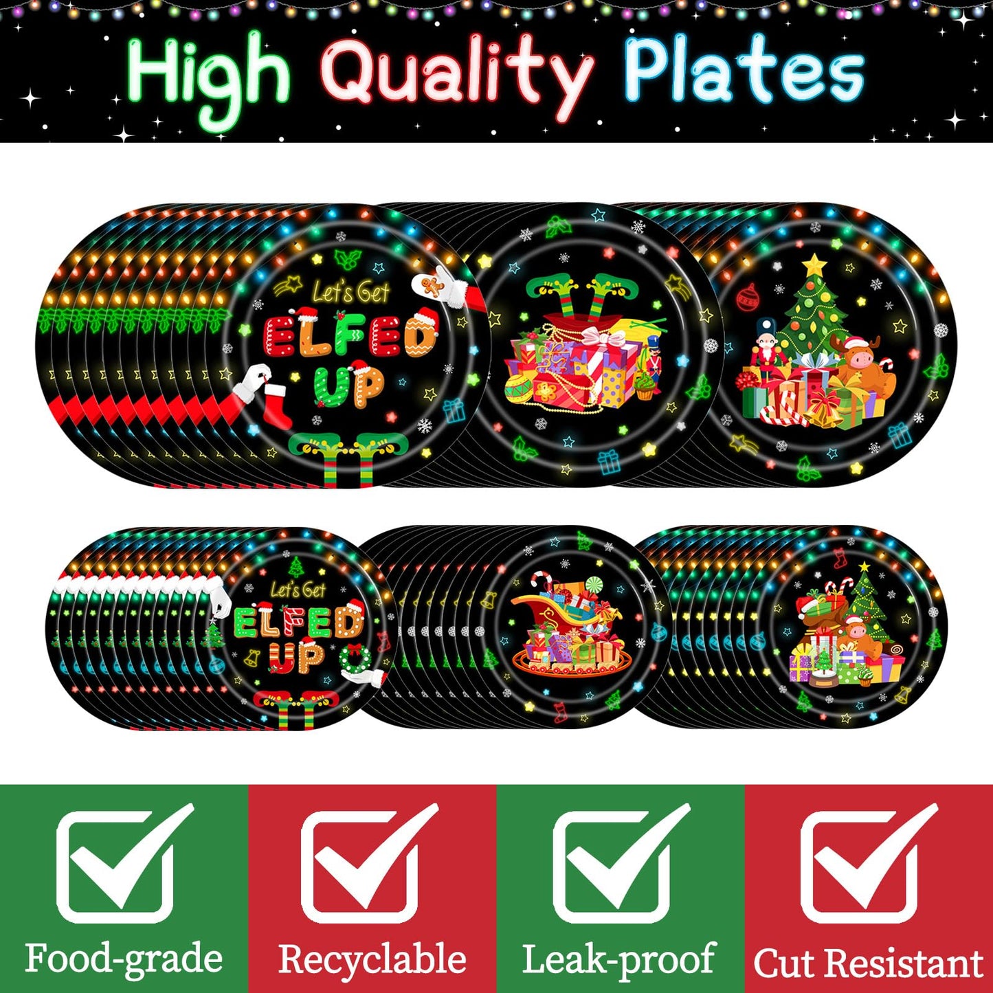 Christmas Party Supplies Disposable Let's Get Elfed Up Tableware Set includes Paper Plates,Napkins and Cups for Elf Christmas Party Supplies,Serve 30