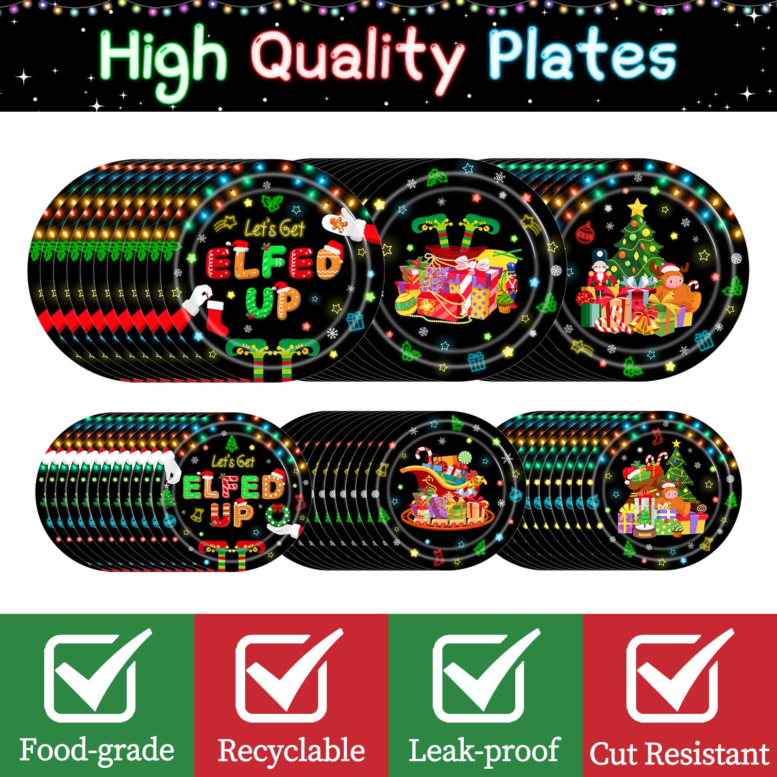 Christmas Party Supplies Disposable Let's Get Elfed Up Tableware Set includes Paper Plates,Napkins and Cups for Elf Christmas Party Supplies,Serve 30