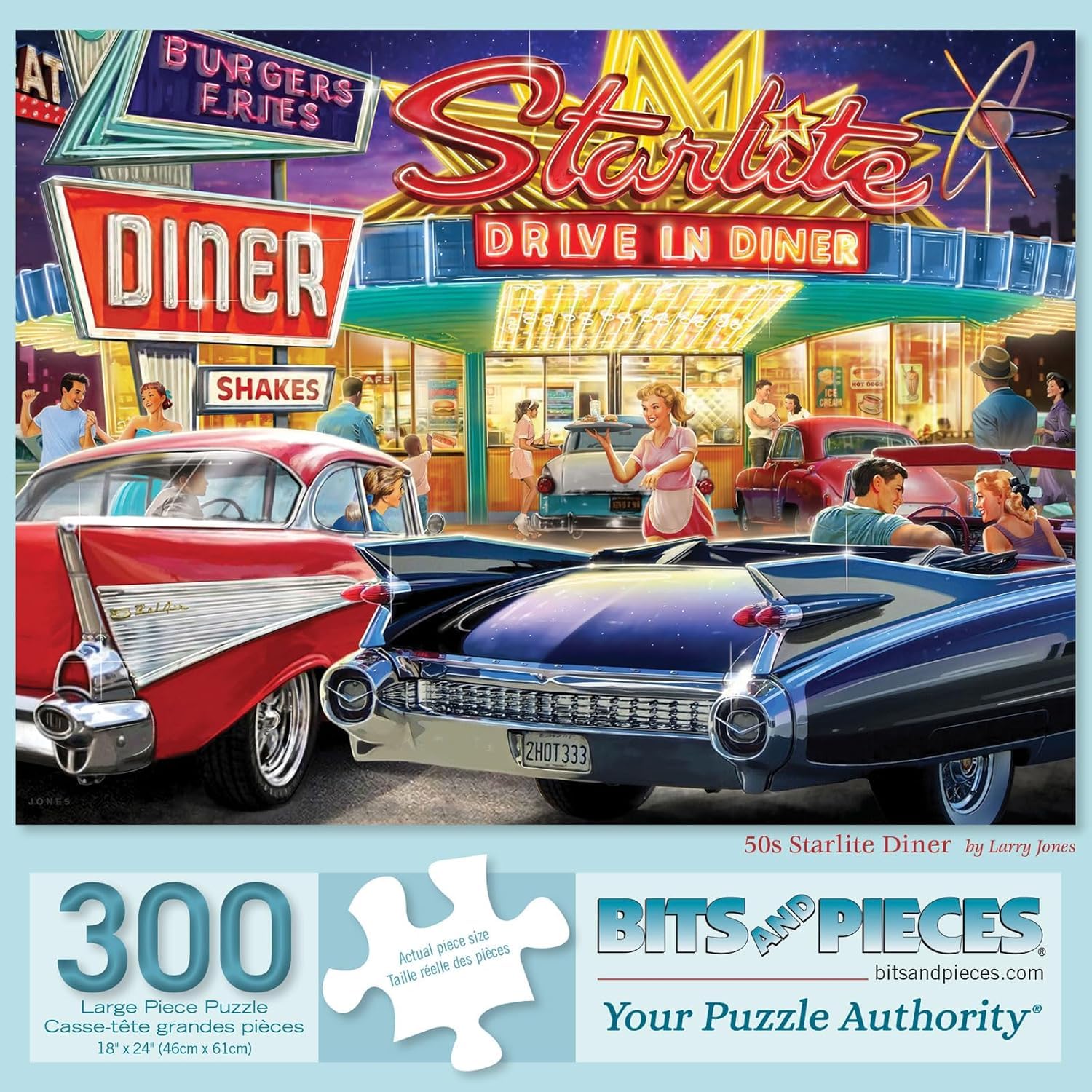Bits and Pieces - Large 300 Piece Jigsaw Puzzle for Adults - 50s Starlite Diner - Classic Cars Drive in Jigsaw Puzzle by Larry Jones, Completed Puzzle