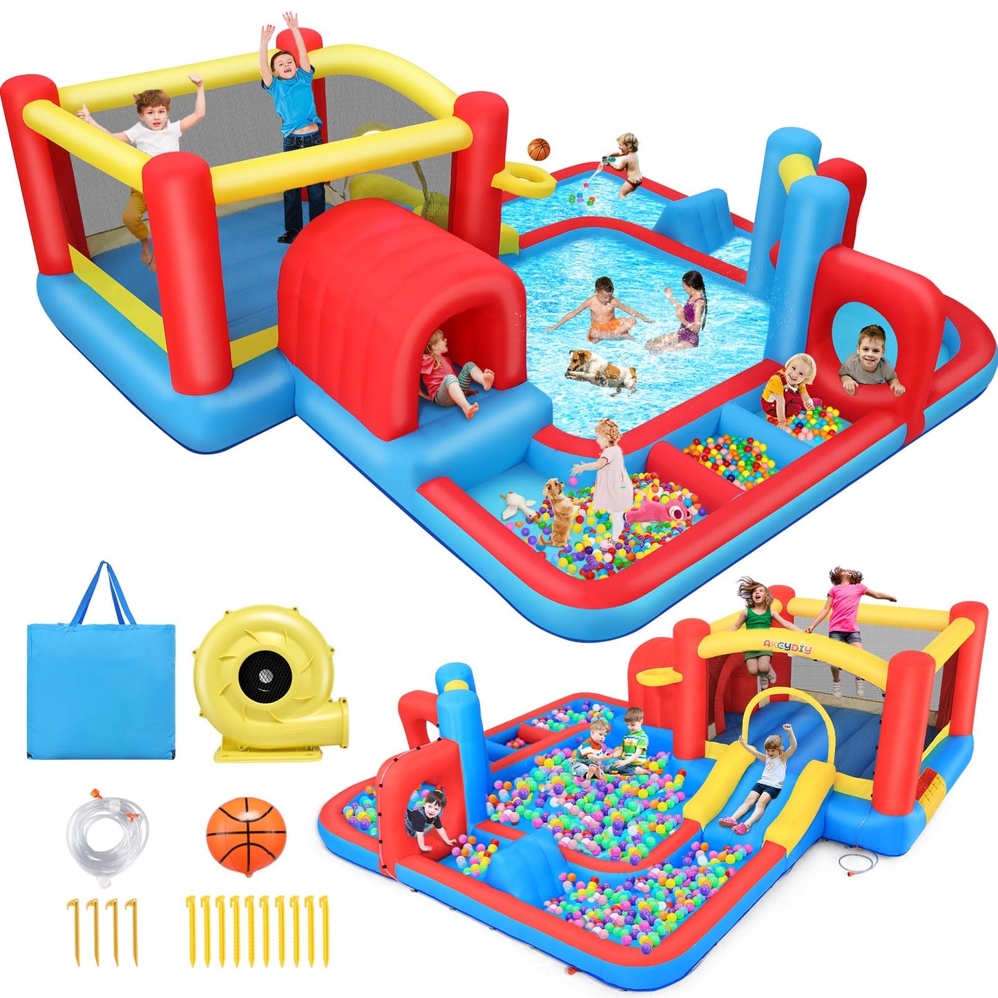 14.3FTx14.3FT Inflatable Bounce House Water Slide for Kids with 520W Blower
