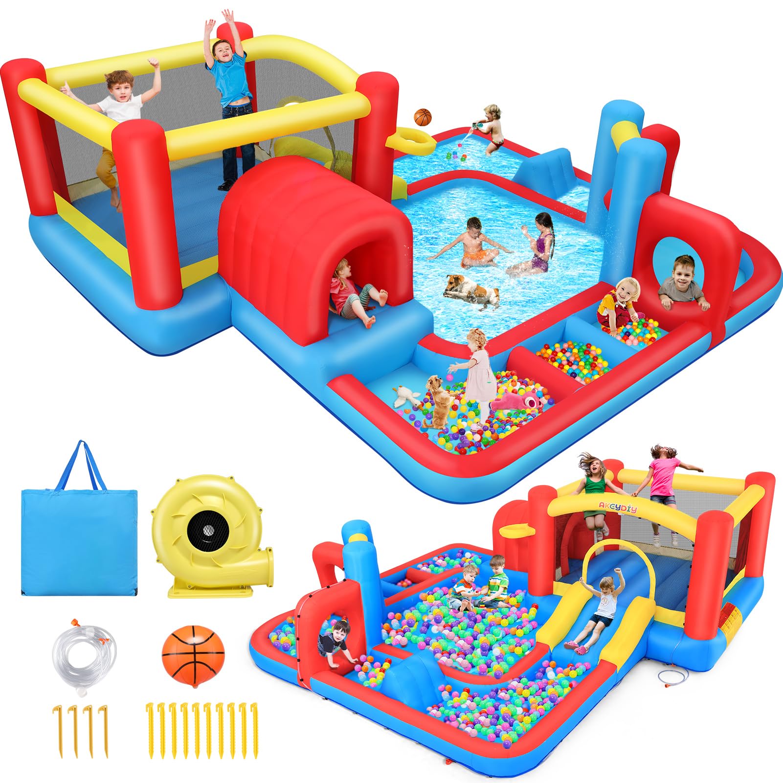 14.3FTx14.3FT Inflatable Bounce House Water Slide for Kids with 520W Blower