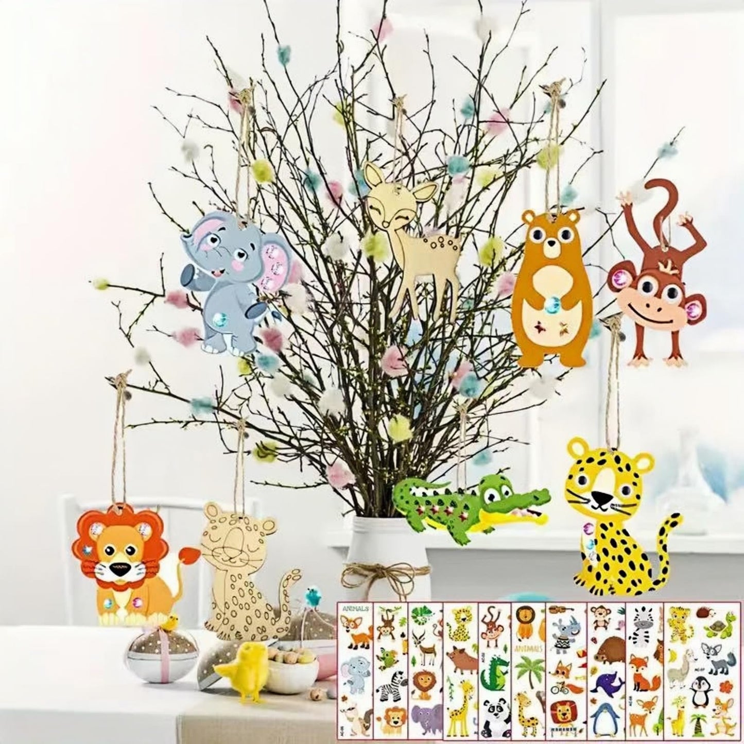 ShaoAngDuoMi 27PCS Paint Your Own Wooden Animal Crafts Kit - DIY Unfinished Wood Ornaments for Kids with Paint Pens & Stickers, Outdoor Art Activity