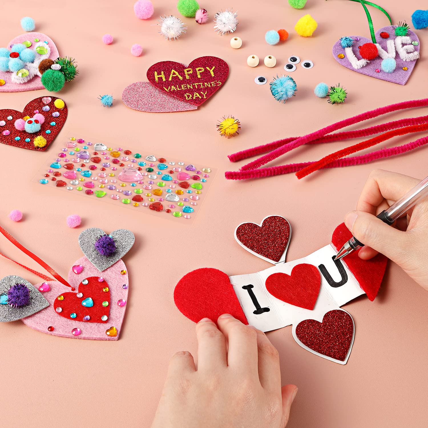 Valentine's Day Crafts for Kids - 361PCS DIY Heart Craft Set for School Gift, 108 Hearts, 50 Googly Eyes, 60 Pom Poms, 36 Wooden Beads, Craft Supplies