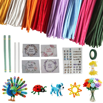 800PCS Pipe Cleaner Flower Kit, 8 Colors Thick Chenille Stems for Arts DIY Craft Supplies with Greeting Card, Floral Wires, Tape, Stamen, Includes
