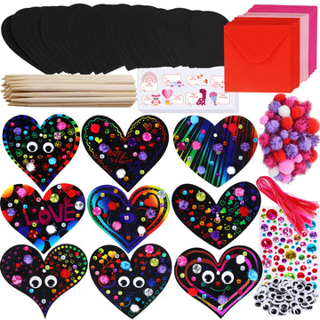 27 Sets Magic Color Scratch Paper Heart Ornaments Bookmarks Valentine Craft Kits Scratch Paper Heart Cutouts Pom-poms Googly Eyes for Kids Activity