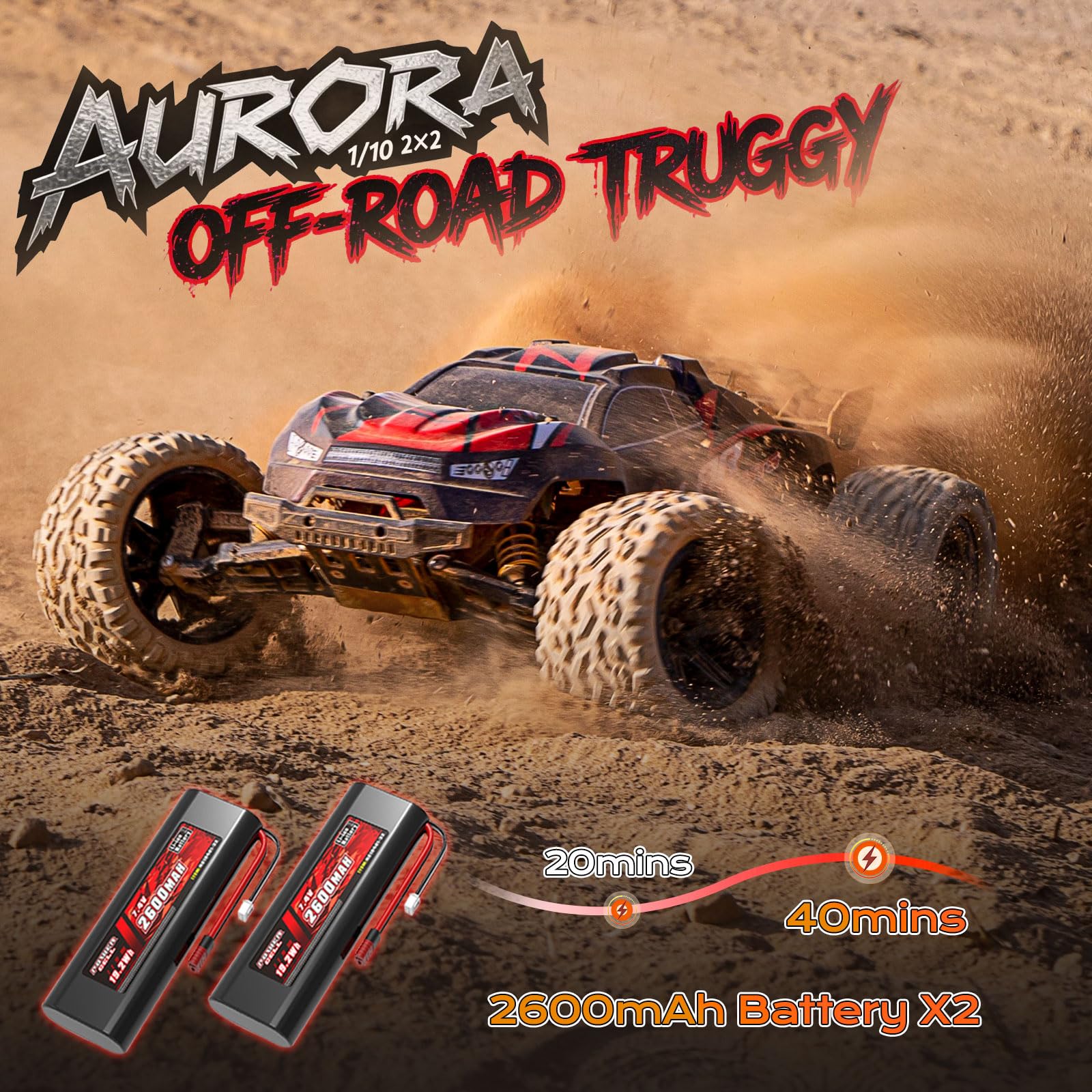 YESHIN 1:10 Large RC Car 45km/h High Speed Off-Road Truck, Waterproof Electric Powered RC Cars All Terrain Toys with 2 Rechargeable 2600mAh Batteries