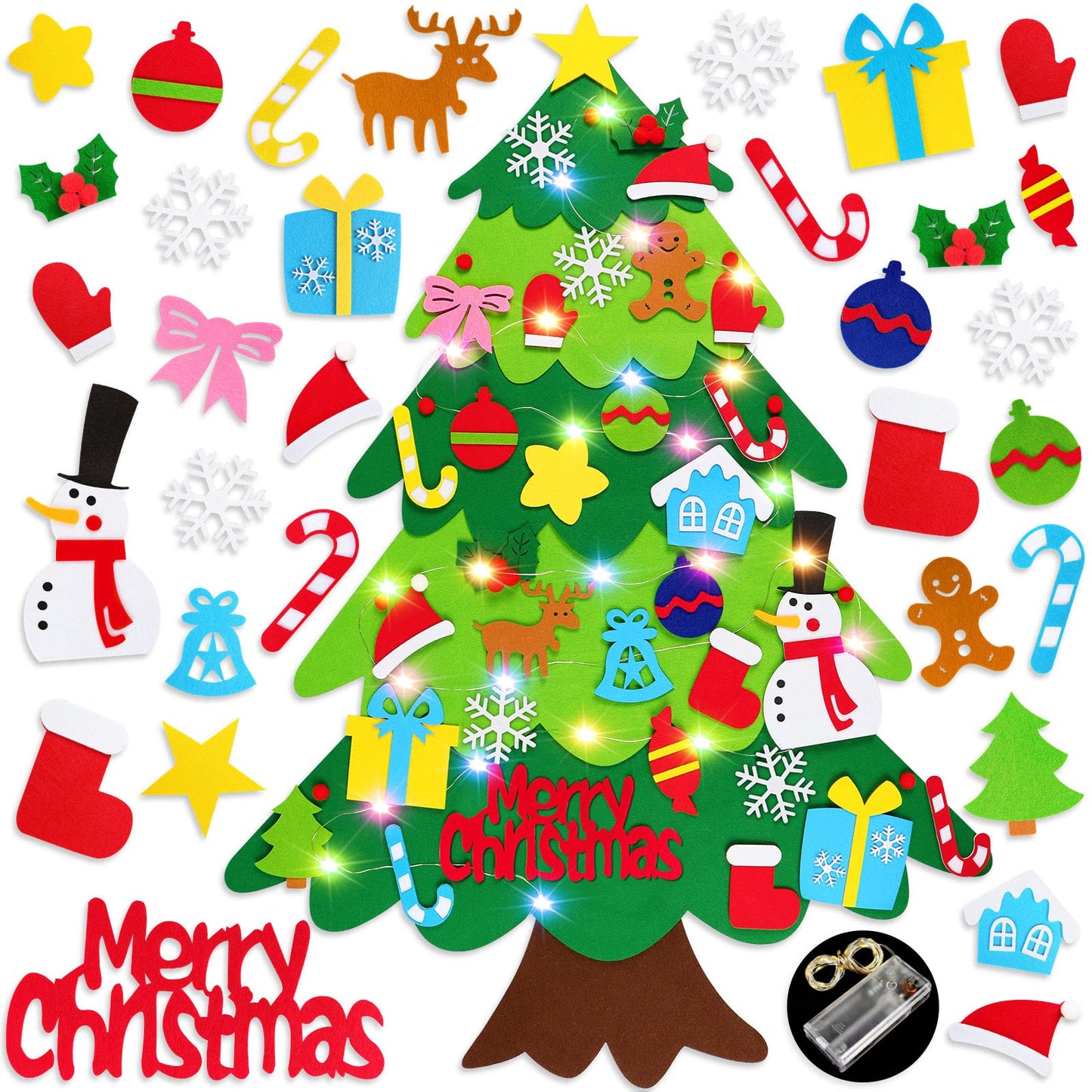 DIY Felt Christmas Tree with 32 Pcs Detachable Ornaments 1 LED String Light