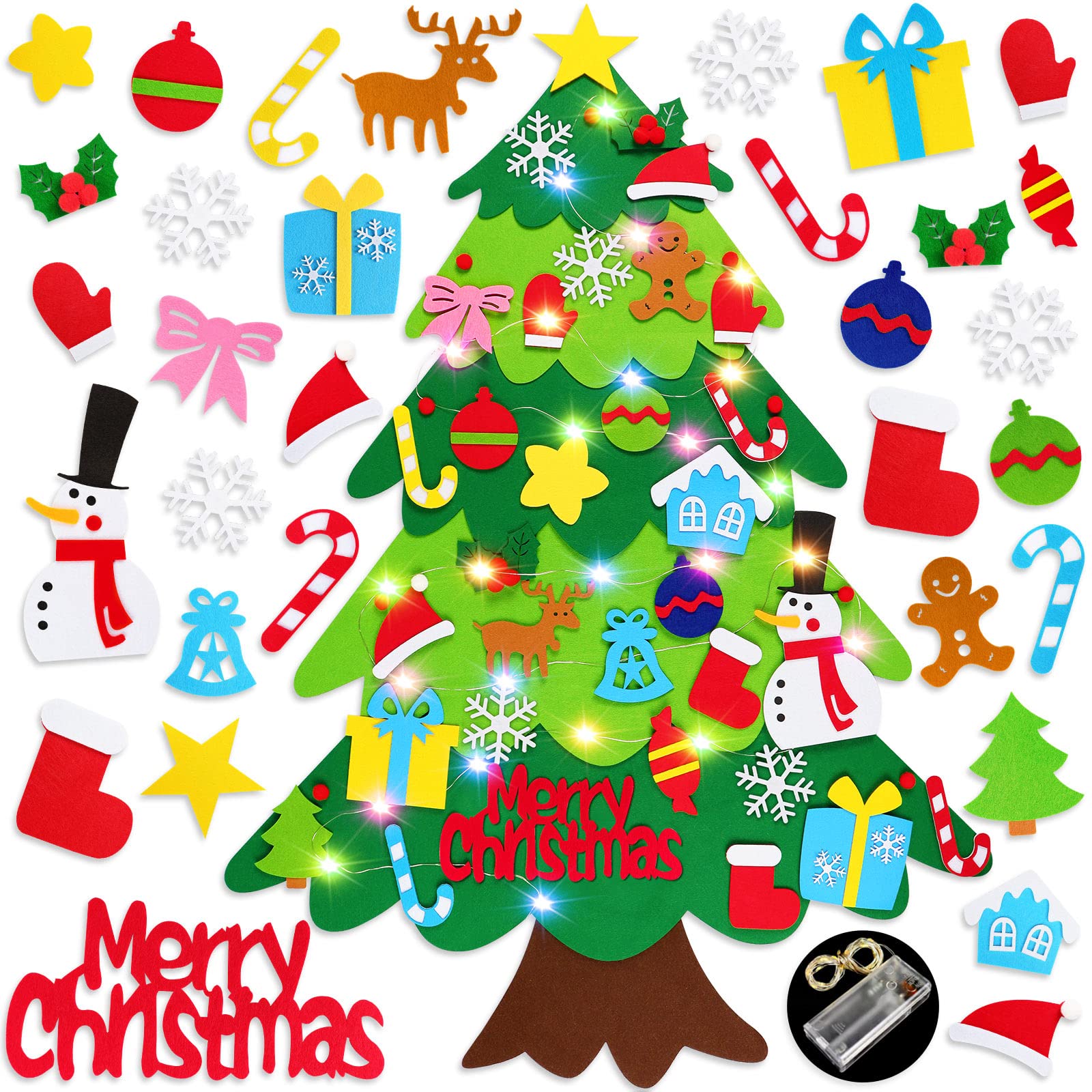 DIY Felt Christmas Tree with 32 Pcs Detachable Ornaments 1 LED String Light