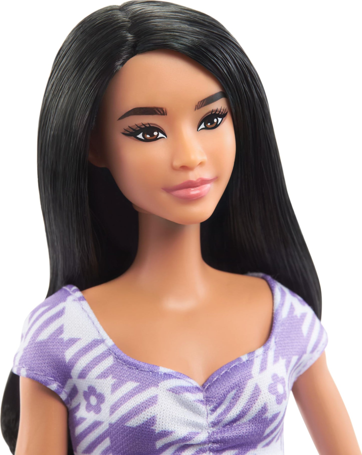 Barbie Fashionistas Doll #199, Curvy & Tall with Wavy Black Hair, Gingham Cut-Out Dress & Accessories, Including Shoes & Scrunchie-Style Bracelet