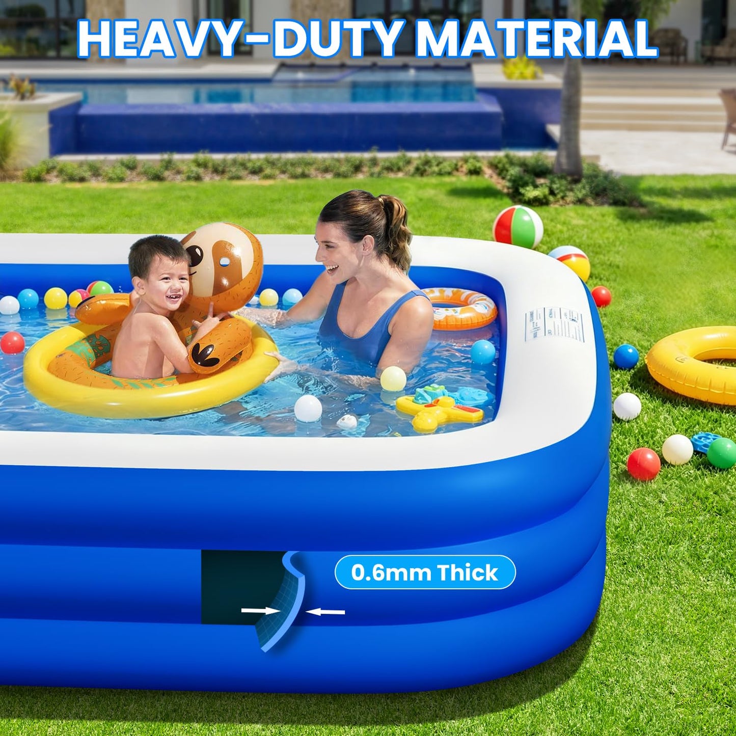Extra Large Inflatable Pool for Adults, 145" x 74" x 22" Oversized Blow Up Family Swimming Pool, Durable Thickened Above Ground Pool for Backyard