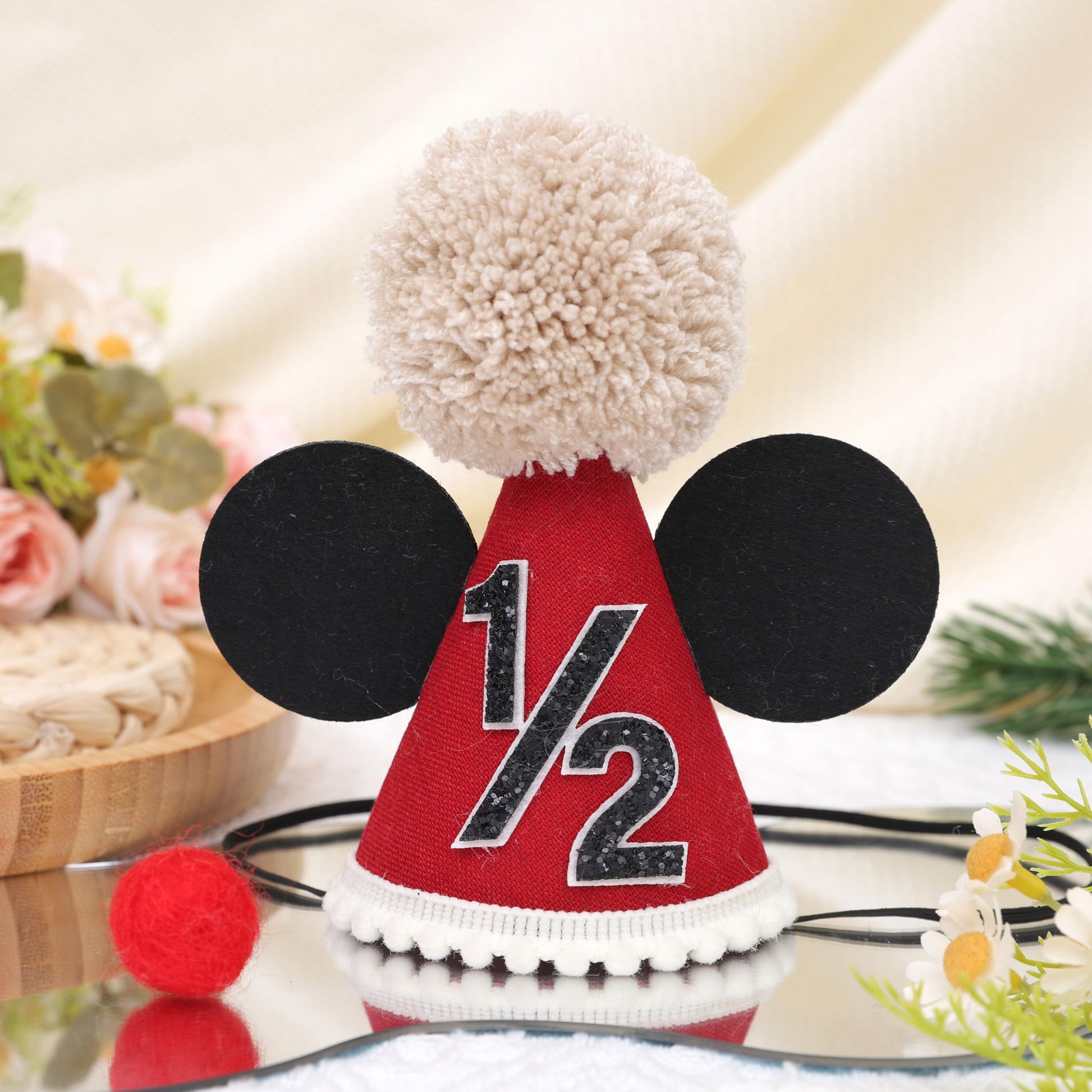 DSAANE Mouse 1/2 Birthday Hat - Mouse Half Way To One Party Decorations,Mouse Ears Cake Smash Hat,Red Black Mouse Party Hat,6 Months Birthday Photo