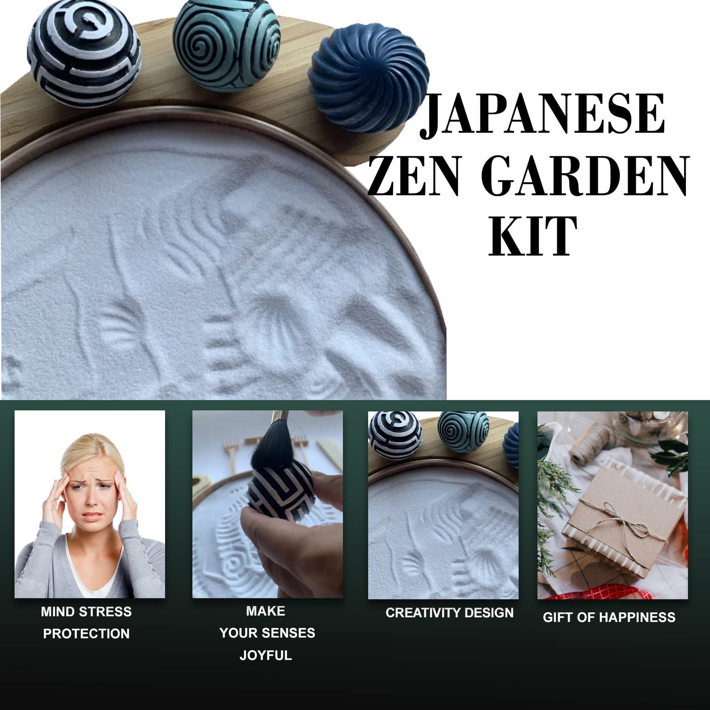 Japanese Zen Garden Kit for Desk | 9.5" Bamboo Sand Tray | 3 Resin Stamp Spheres | Meditation Accessories | 6 Mini Garden Rake | Decor Gifts