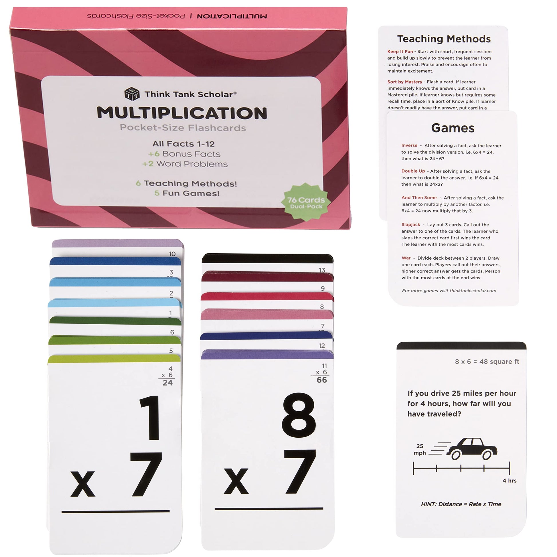 Think Tank Scholar Multiplication Flash Cards (150 Facts) Times Tables Flashcards - All Facts 1-12 for Kids in 3rd, 4th, 5th, 6th Grade - 6 Math Games