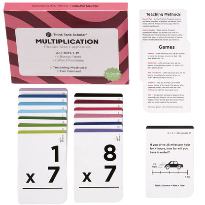Think Tank Scholar Multiplication Flash Cards (150 Facts) Times Tables Flashcards - All Facts 1-12 for Kids in 3rd, 4th, 5th, 6th Grade - 6 Math Games