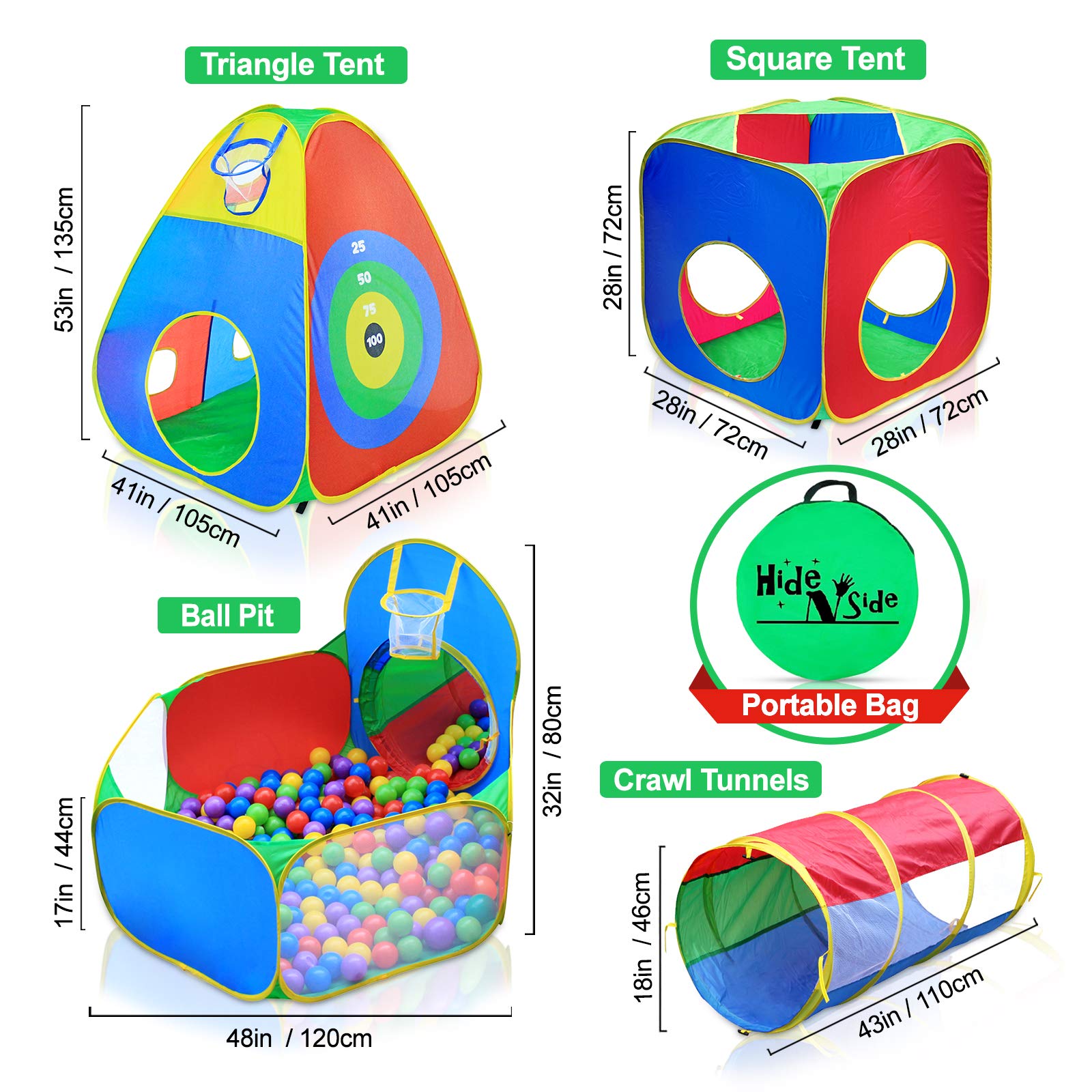 Hide N Side 5pc Kids Ball Pit Tents and Tunnels, Toddler Jungle Gym Play Tent with Play Crawl Tunnel Toy, for Boys Babies Infants Children, Indoor