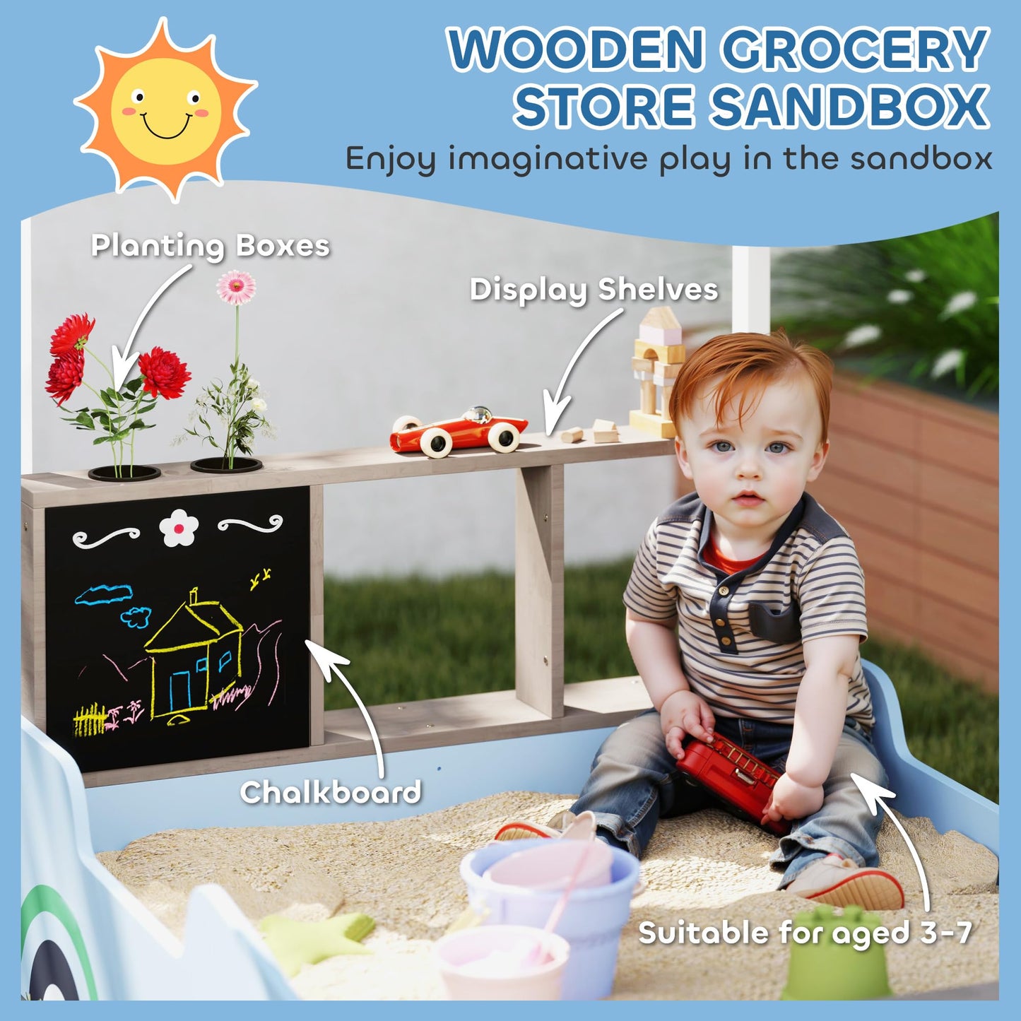 Qaba Kids Wooden Sandbox with Canopy Outdoor Bench Seats Ages 3-7 Blue