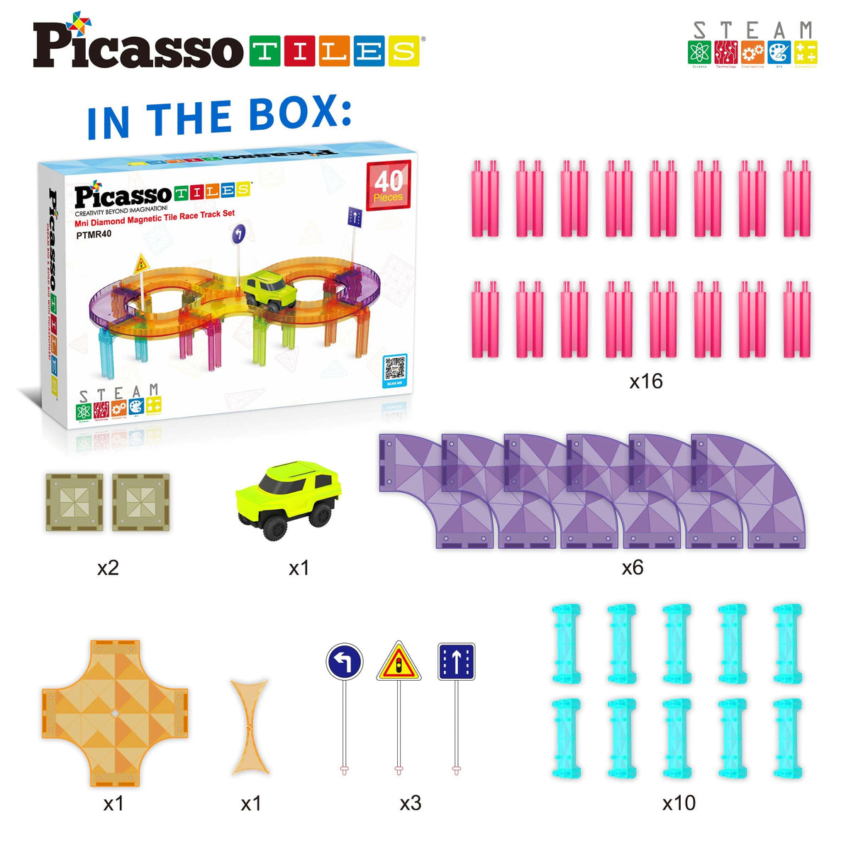 PicassoTiles Race Car Track Magnetic Tiles Travel Toy Sensory Magnet Tile Toys for Toddlers STEM Educational Learning Montessori Play Construction