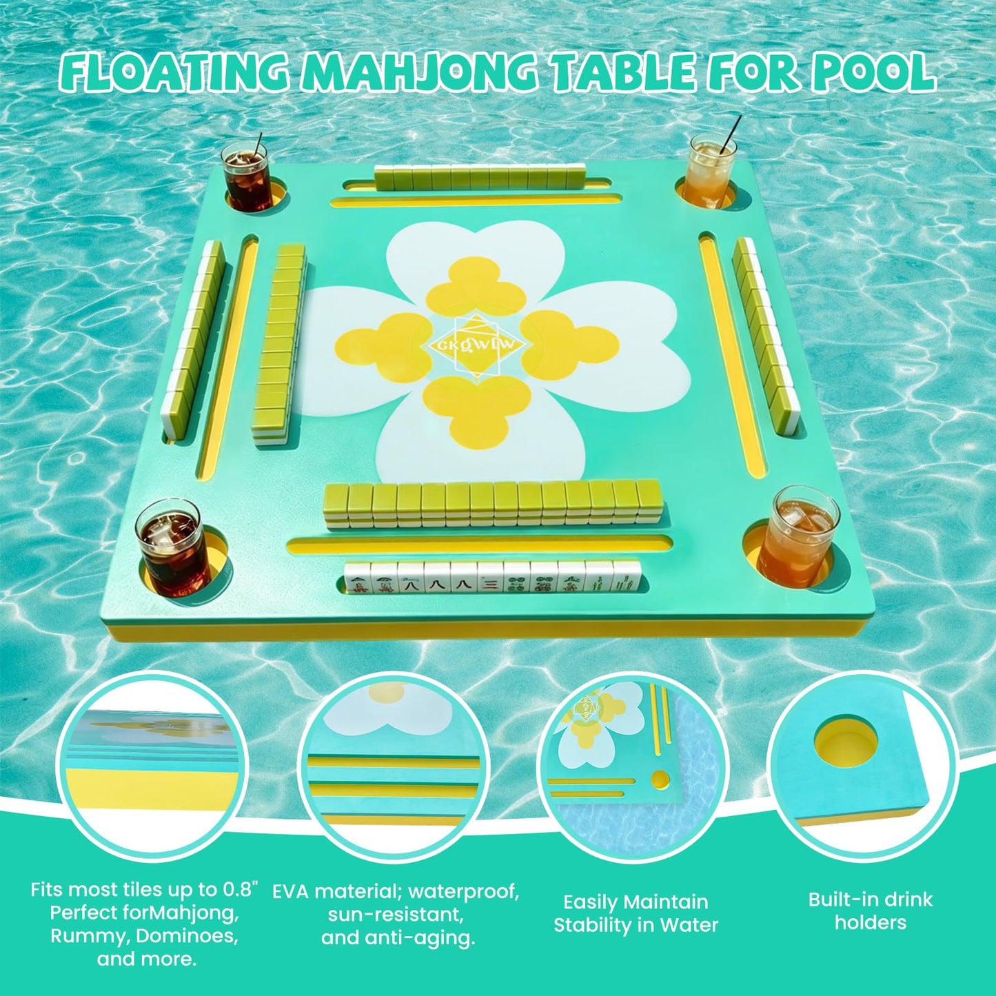 GKQWLW Floating Mahjong Table for Pool, Double-Sided Water Game Tray with Mahjong & Poker Card Playing Surfaces for Poker, Card, Dominoes, Board Games