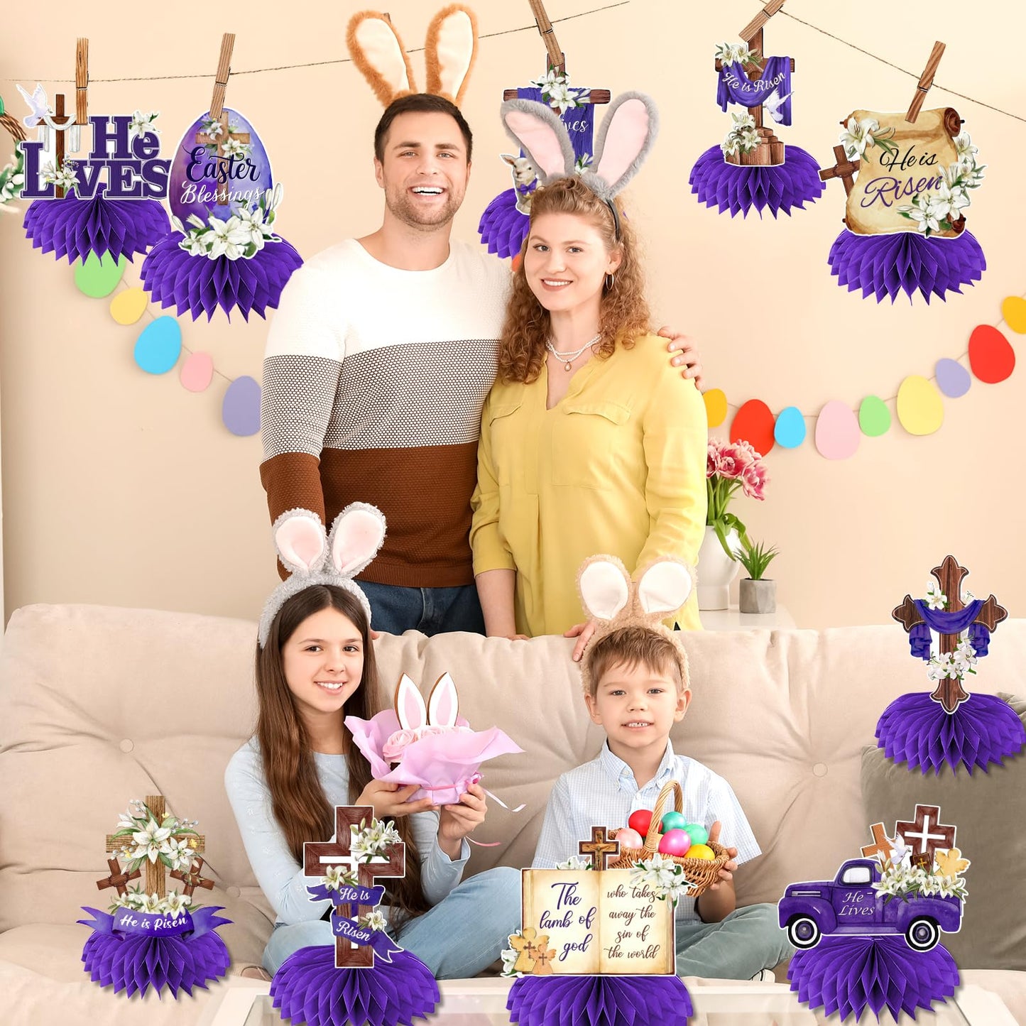 Easter Table Decorations He is Risen Honeycomb Centerpiece 12Pcs Religious Easter Paper Centerpieces Christian Jesus Cross He Lives Table Centerpieces