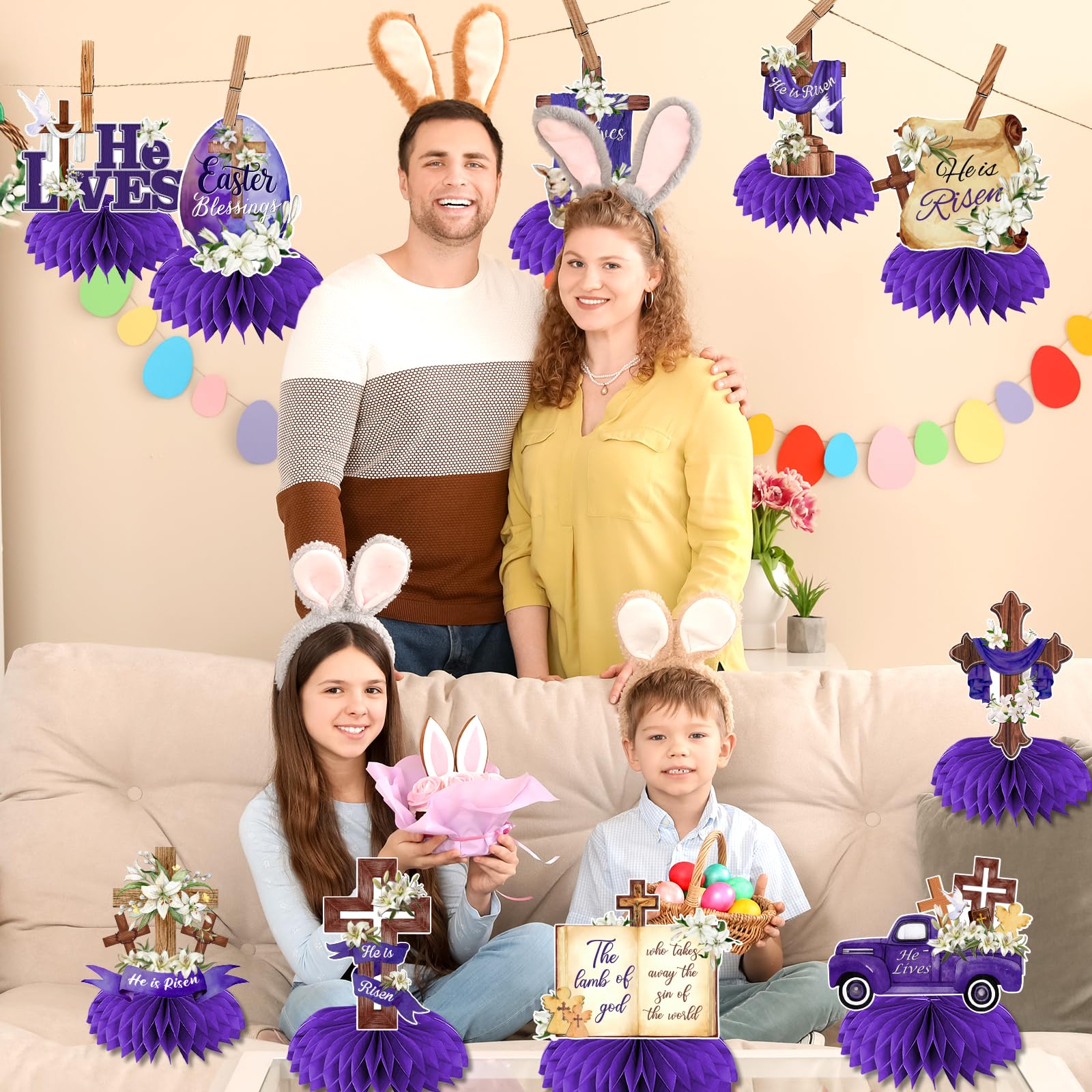 Easter Table Decorations He is Risen Honeycomb Centerpiece 12Pcs Religious Easter Paper Centerpieces Christian Jesus Cross He Lives Table Centerpieces