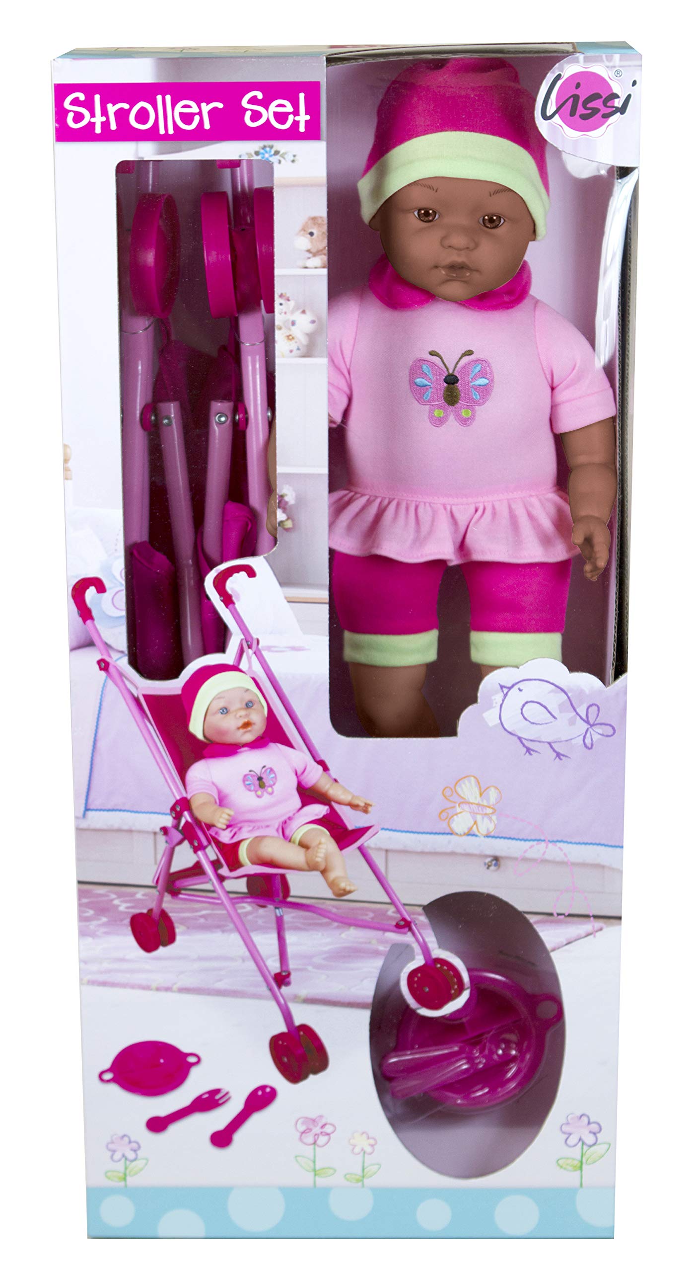 Doll Umbrella Stroller Set with 16" Baby Doll (African American)