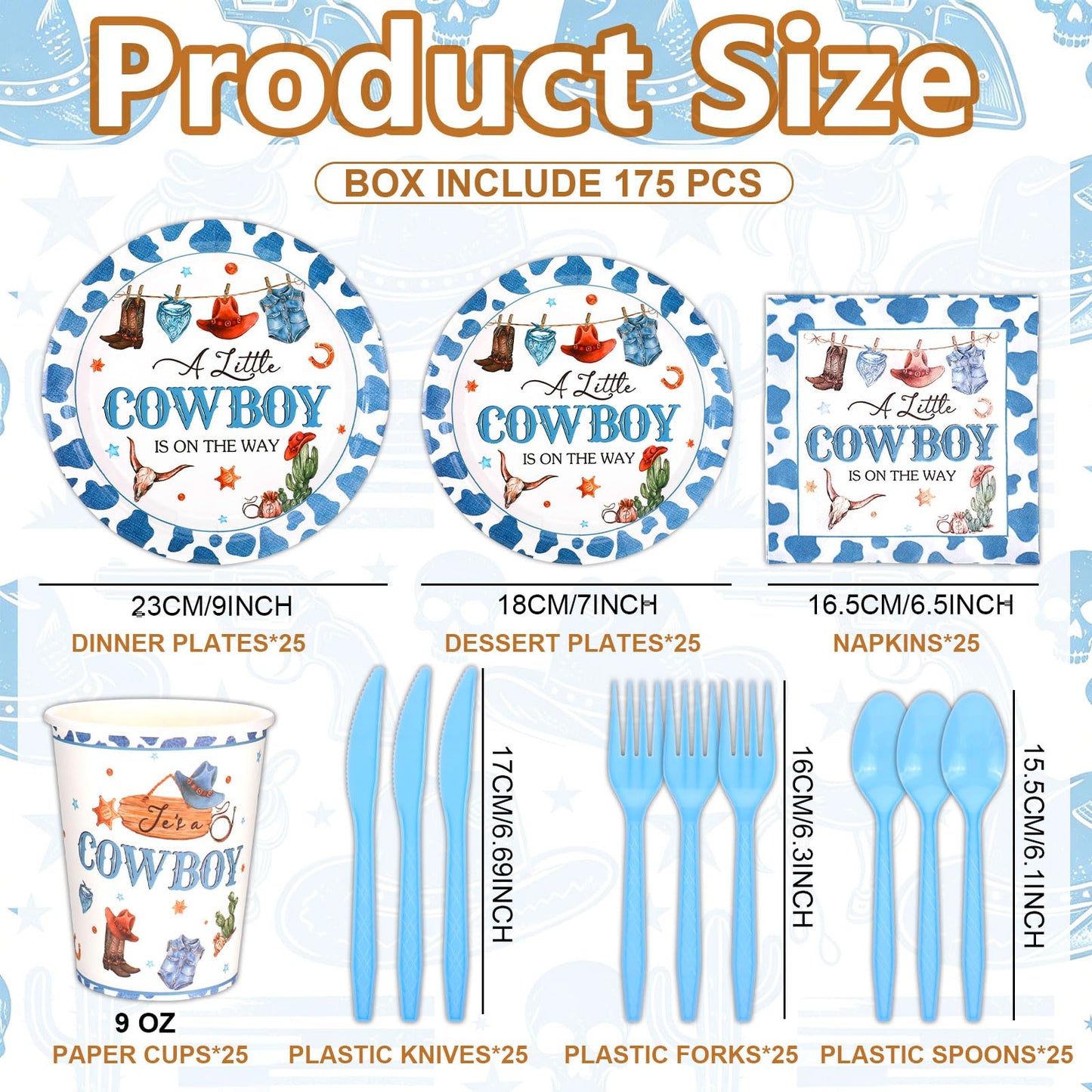 175 Pcs Cowboy Baby Shower Decorations Baby Shower Paper Plates Napkins Cups Set Disposable, a Little Cowboy Is on the Way Party Wild Western Theme
