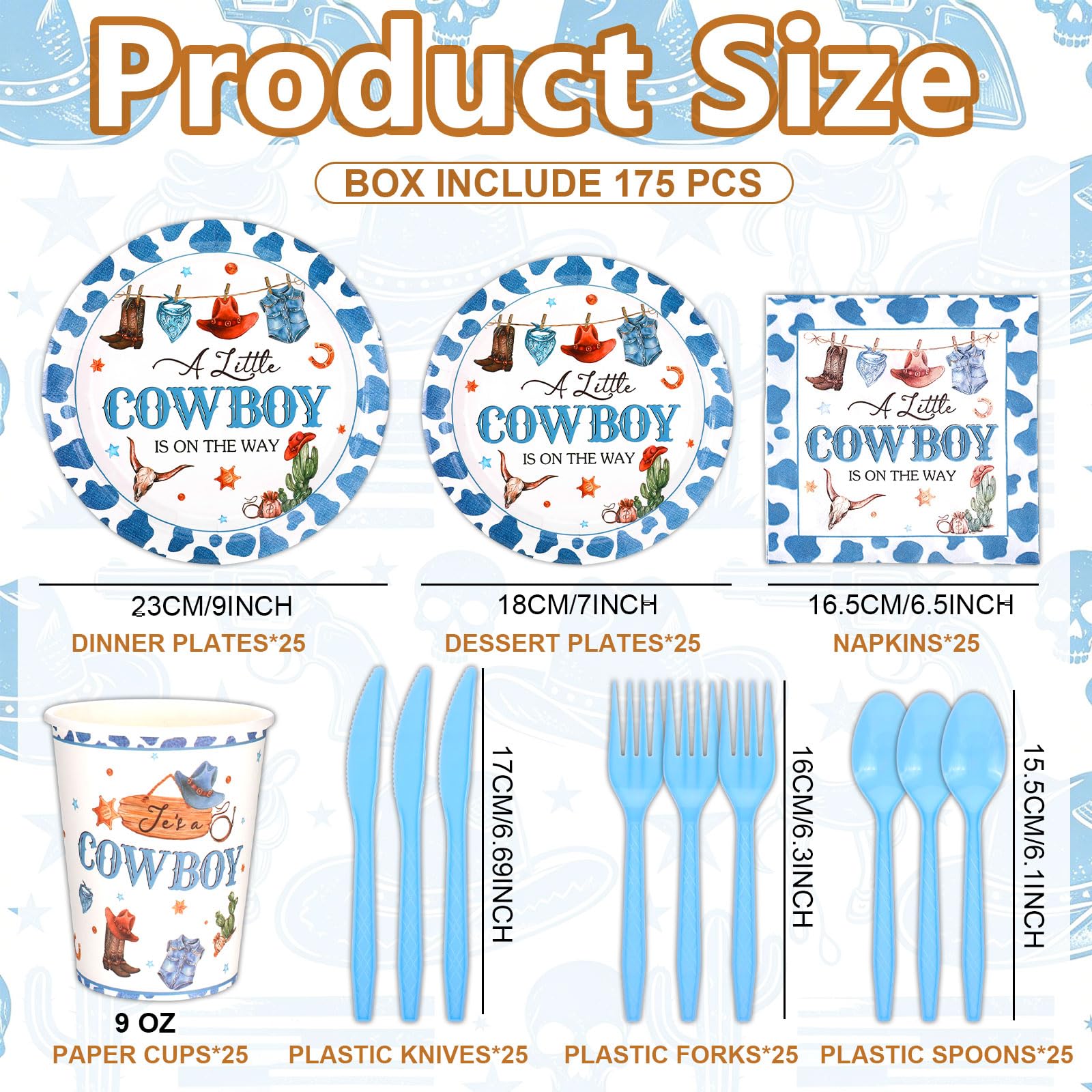 175 Pcs Cowboy Baby Shower Decorations Baby Shower Paper Plates Napkins Cups Set Disposable, a Little Cowboy Is on the Way Party Wild Western Theme