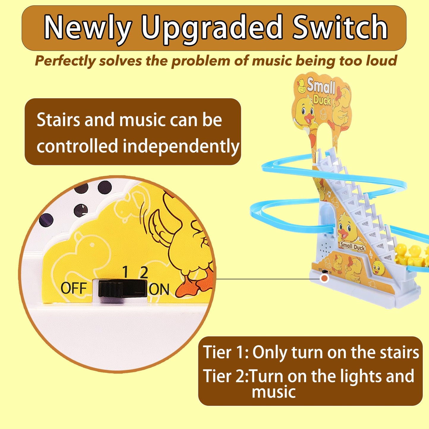 JOYGETIN Small Ducks Climbing Toys,Electric Duck Climbing Stairs Tracks Slide Toy Set,Duck Roller Coaster Toy with Flashing Lights & Music On/Off