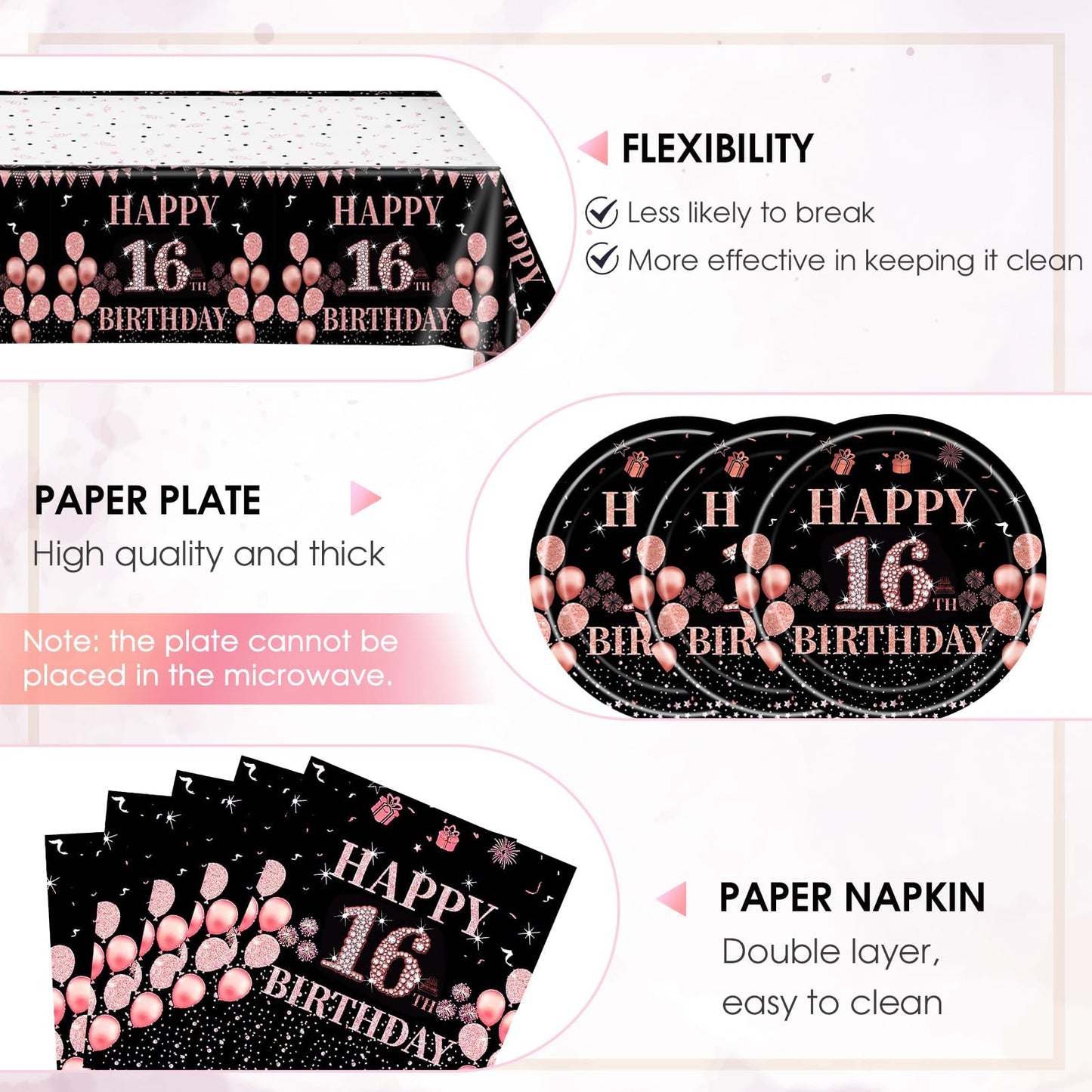 41Pcs 16th Birthday Party Decorations for Girls,Sweet 16th Birthday Party Paper Plates,Napkins,Tablecloth Party Supplies 16th Years Old Disposable