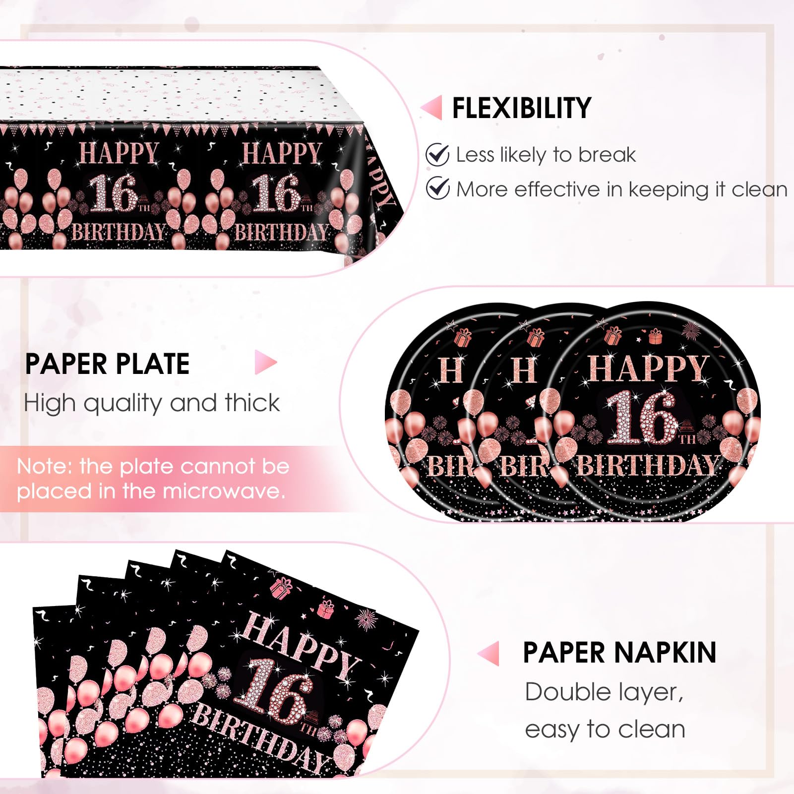41Pcs 16th Birthday Party Decorations for Girls,Sweet 16th Birthday Party Paper Plates,Napkins,Tablecloth Party Supplies 16th Years Old Disposable