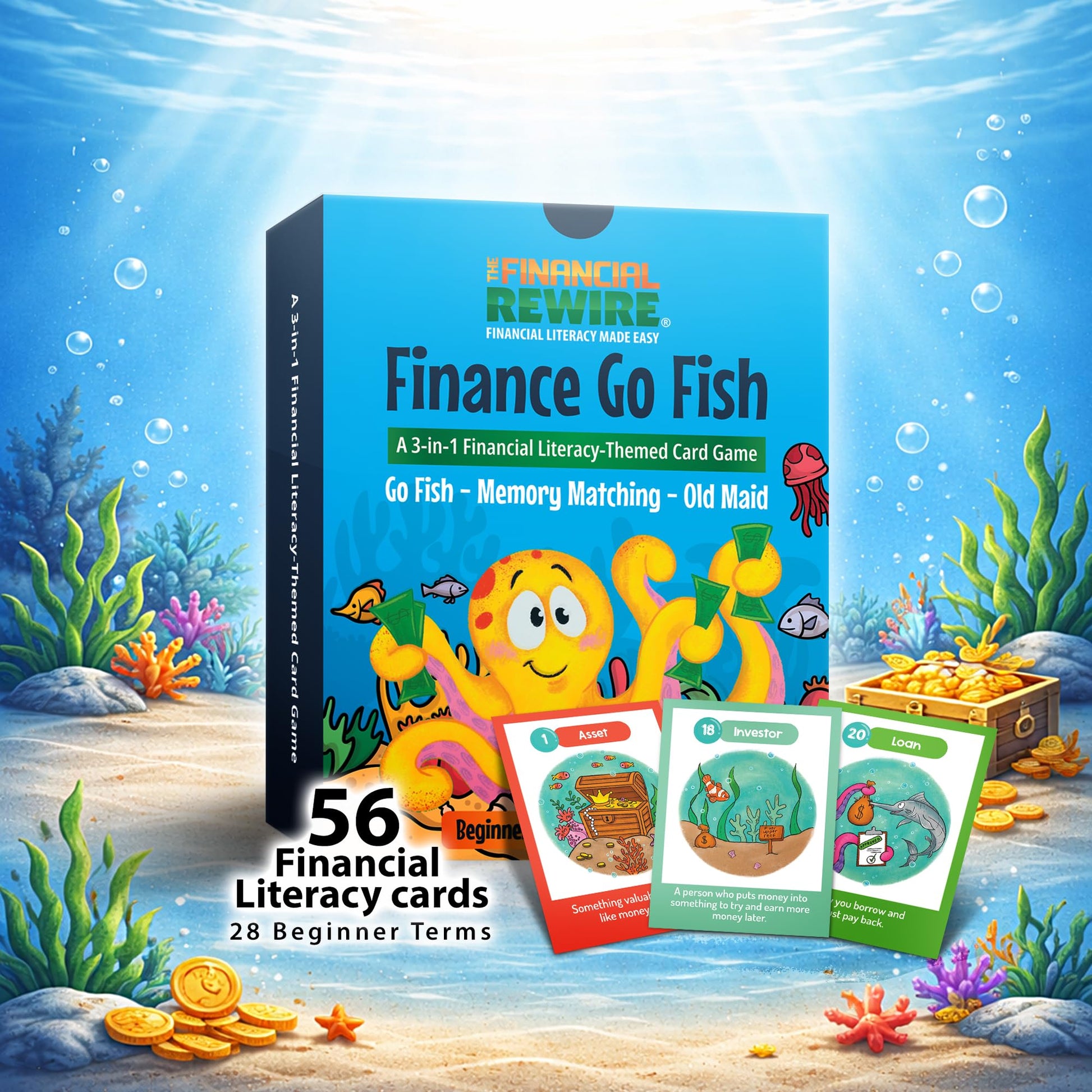 Finance Go Fish - 3-in-1 Financial Literacy Card Game for Kids Ages 5-12 | Go Fish, Memory & Old Maid | Educational Money Vocabulary Deck (Combo)