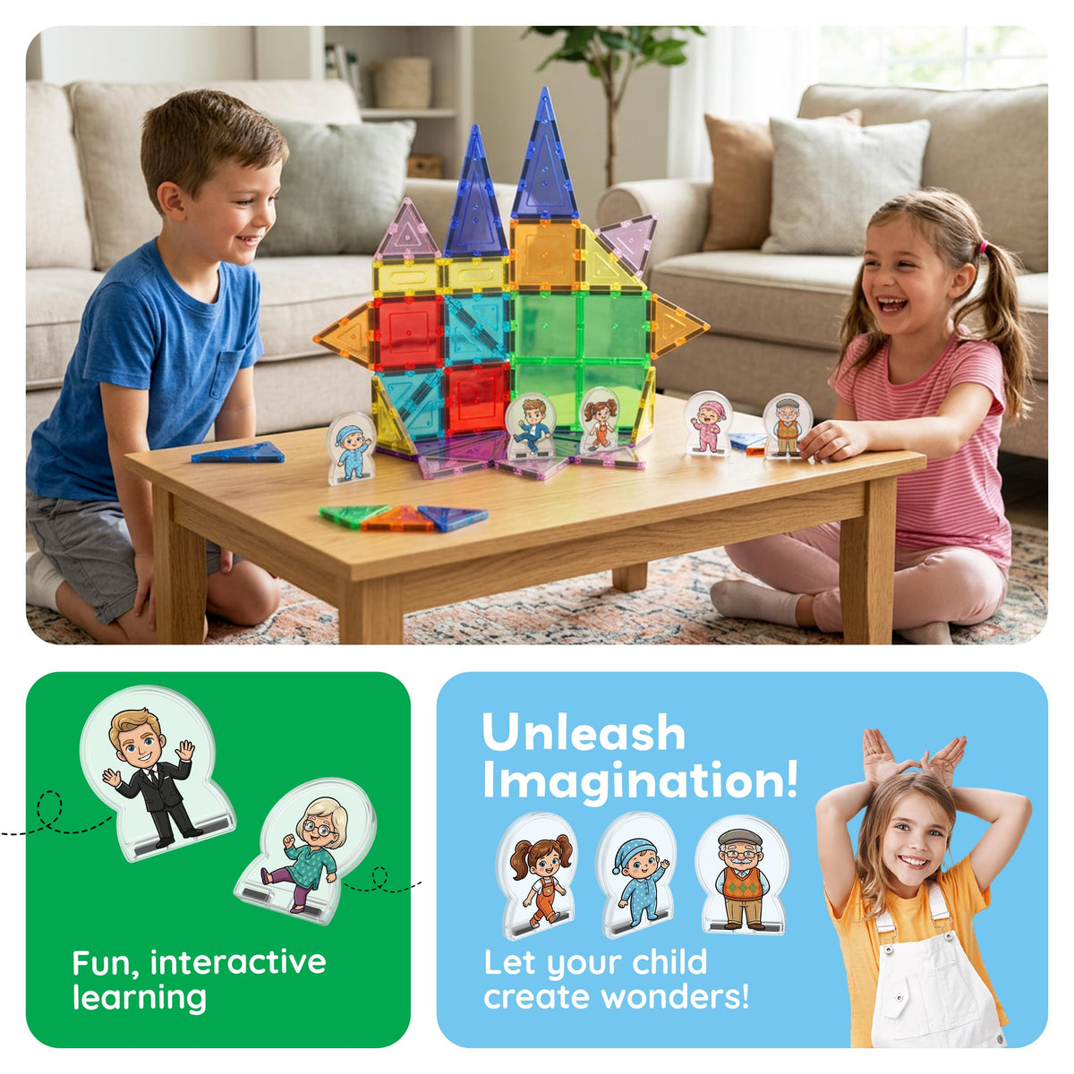 PicassoTiles 8pc Family Character Action Figures Accessory Add On Compatible with Magnet Tile Building Construction Sets STEM Pretend Play Educational