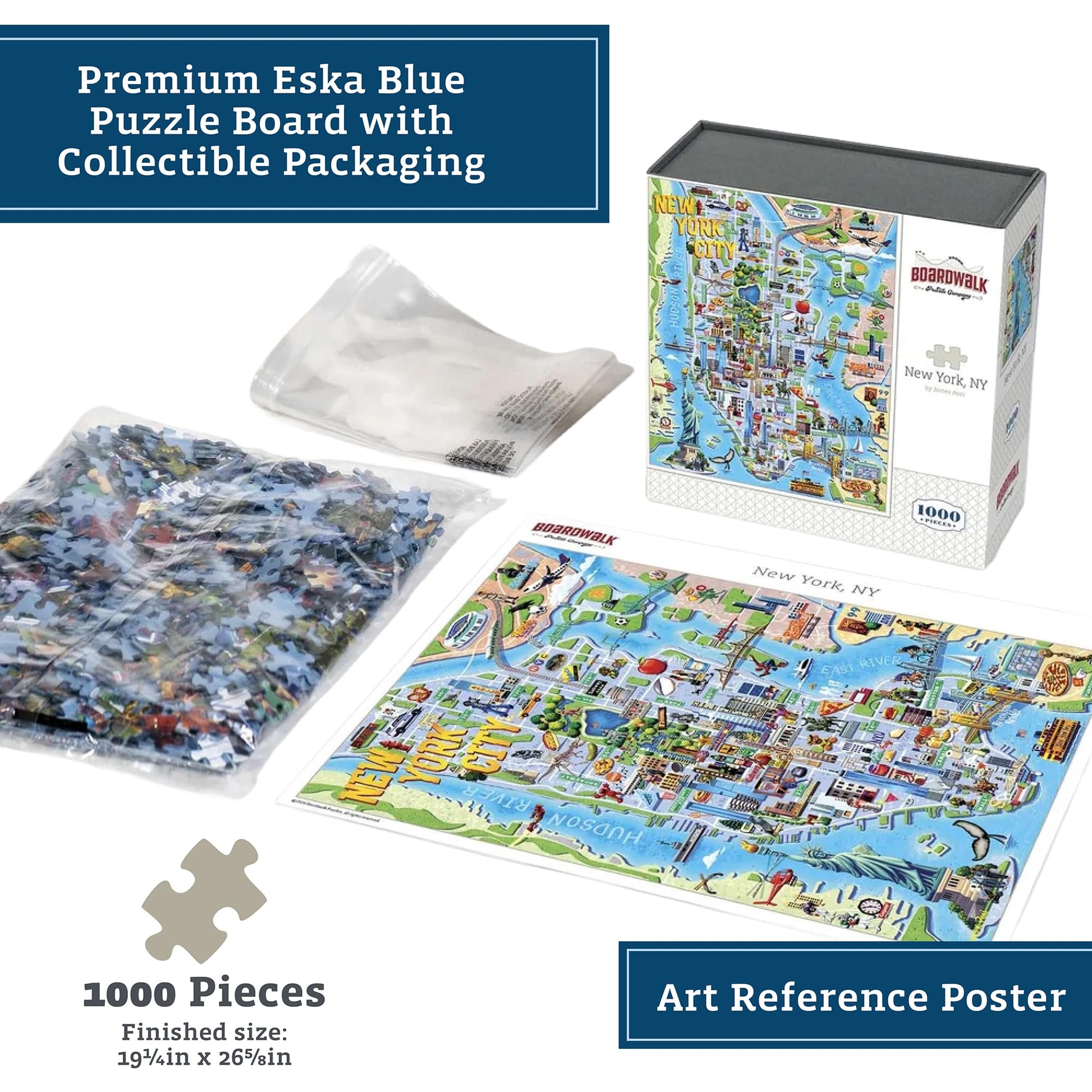 Boardwalk Puzzles New York, NY, 1000 Piece Jigsaw Puzzle for Adults, 19¼ x 26? Inches, Made in USA